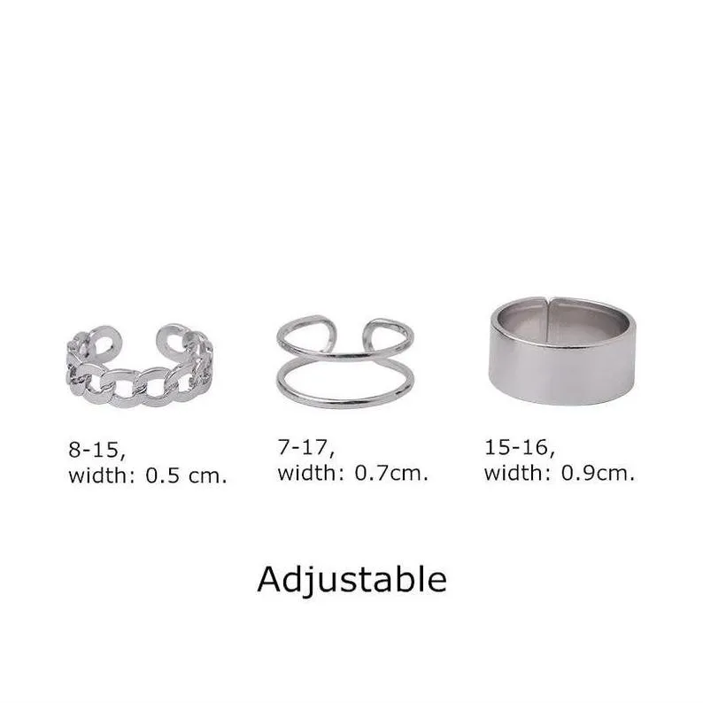 3 Piece Adjustable Wide Band Silver Cuff Resizable Boho Ring set