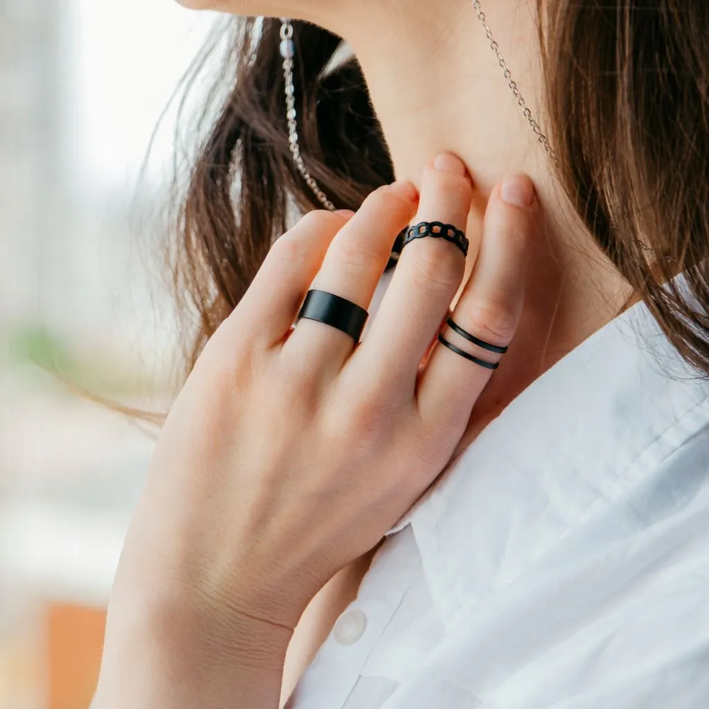 3 Piece Adjustable Wide Band Silver Cuff Resizable Boho Ring set
