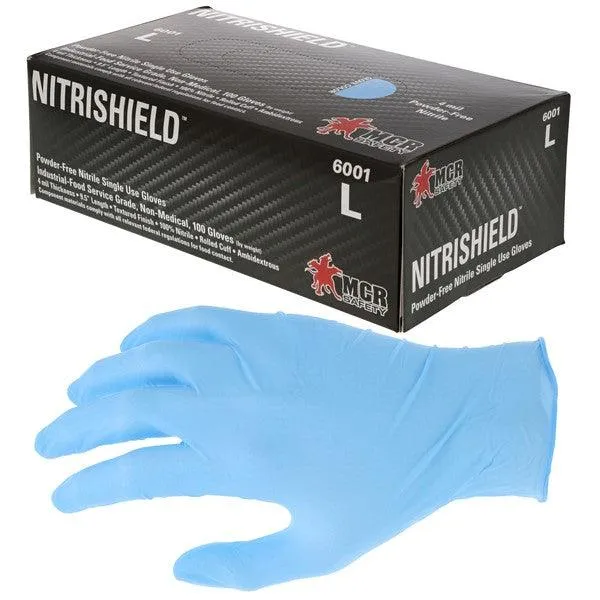 6001L MCR Safety Dura Shield Disposable Gloves, Large, Nitrile, 4 Mil THK, Blue