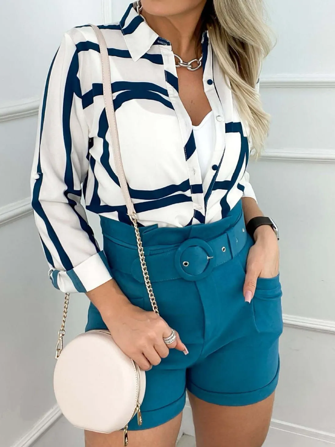 Button Up Fashion Print Long Sleeve Women's Blouse - V-Neck - Halter - Lightweight