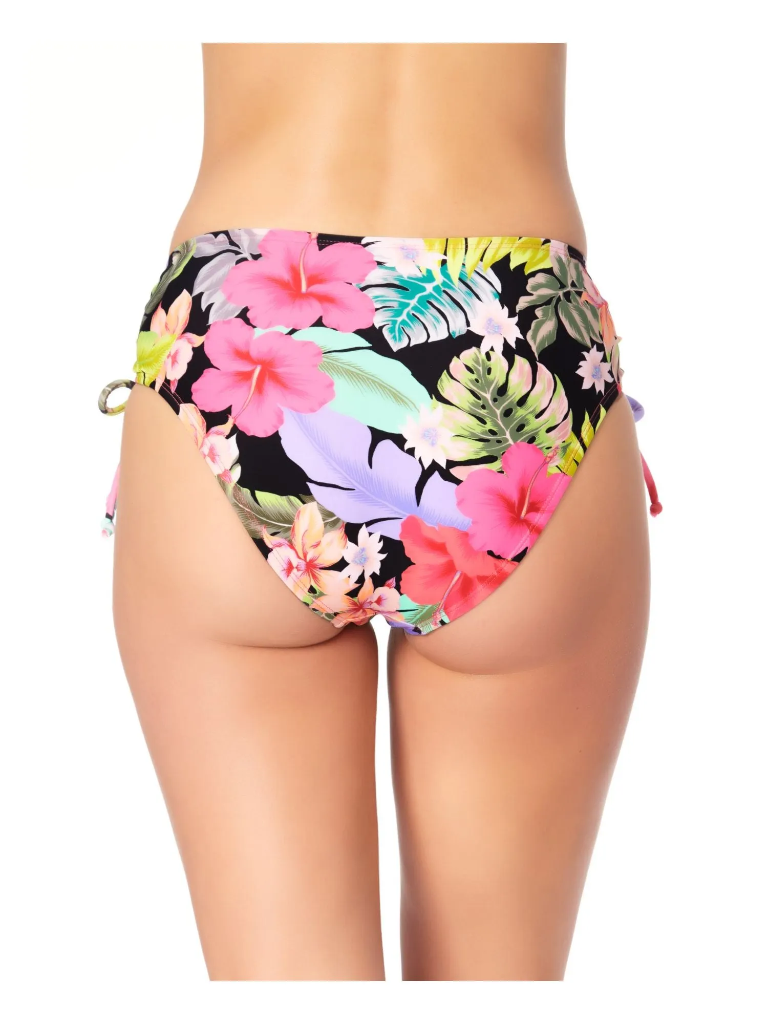CALIFORNIA WAVES Women's Multi Color Tropical Print Stretch Cinch Tie Details Moderate Coverage High Waisted Swimsuit Bottom