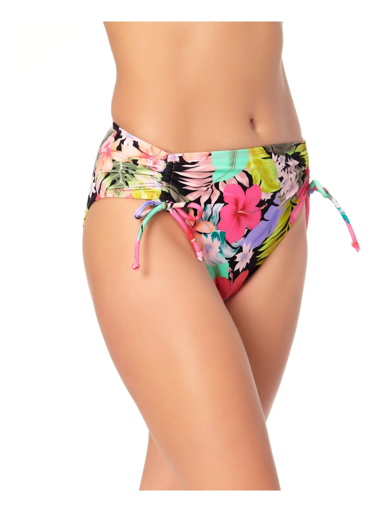 CALIFORNIA WAVES Women's Multi Color Tropical Print Stretch Cinch Tie Details Moderate Coverage High Waisted Swimsuit Bottom