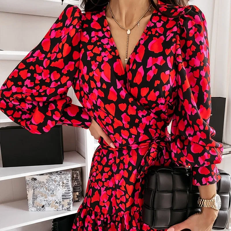 Elegant Ladies Office Dresses | Wrap A-line Dress | Women Flirty Ruffles V Neck Dress | Women Printed wrap Midi Dress | Summer Casual Dress