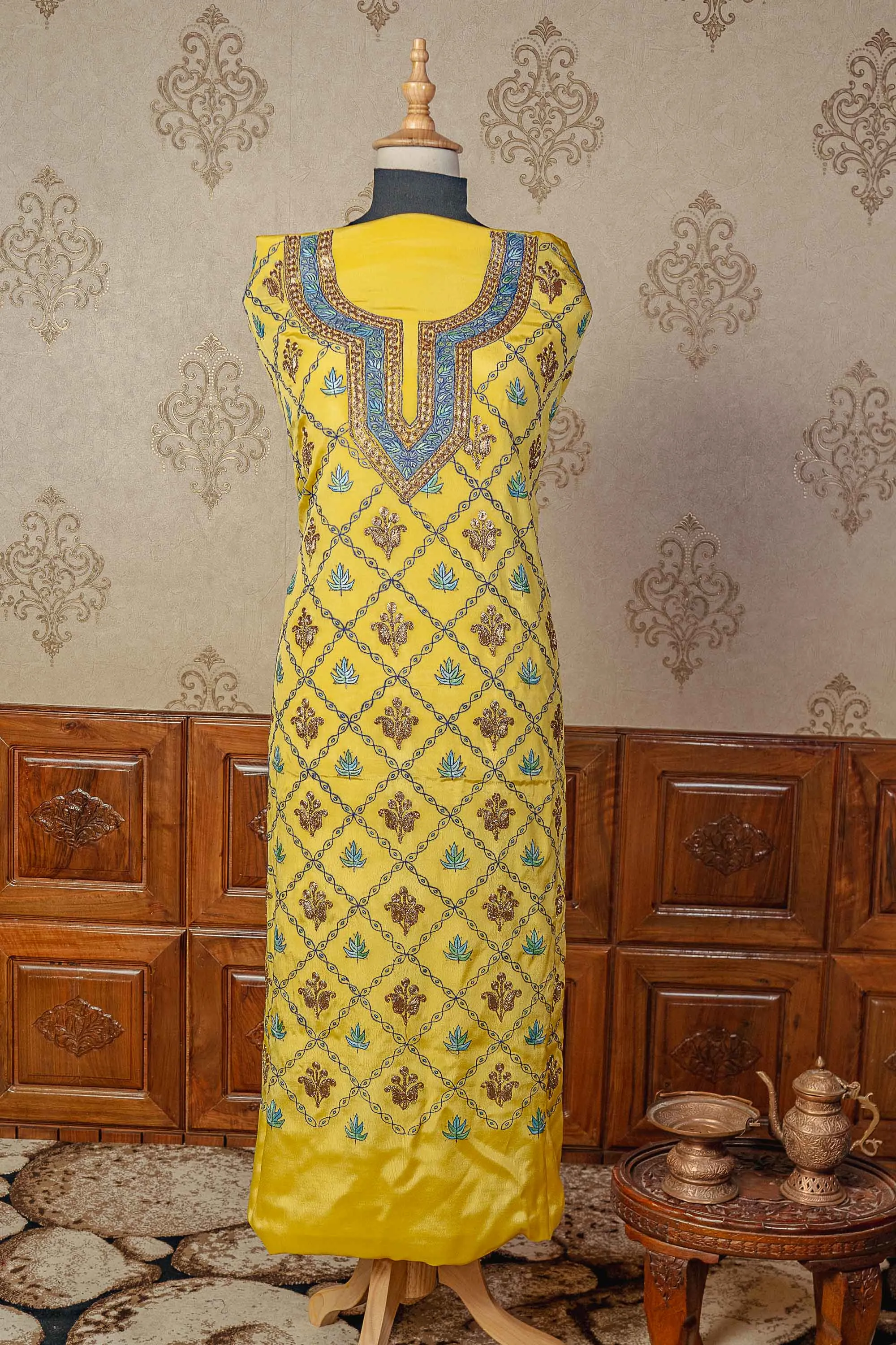 Exquisite Yellow Kashmiri Suit with Tilla & Sozni Embroidery