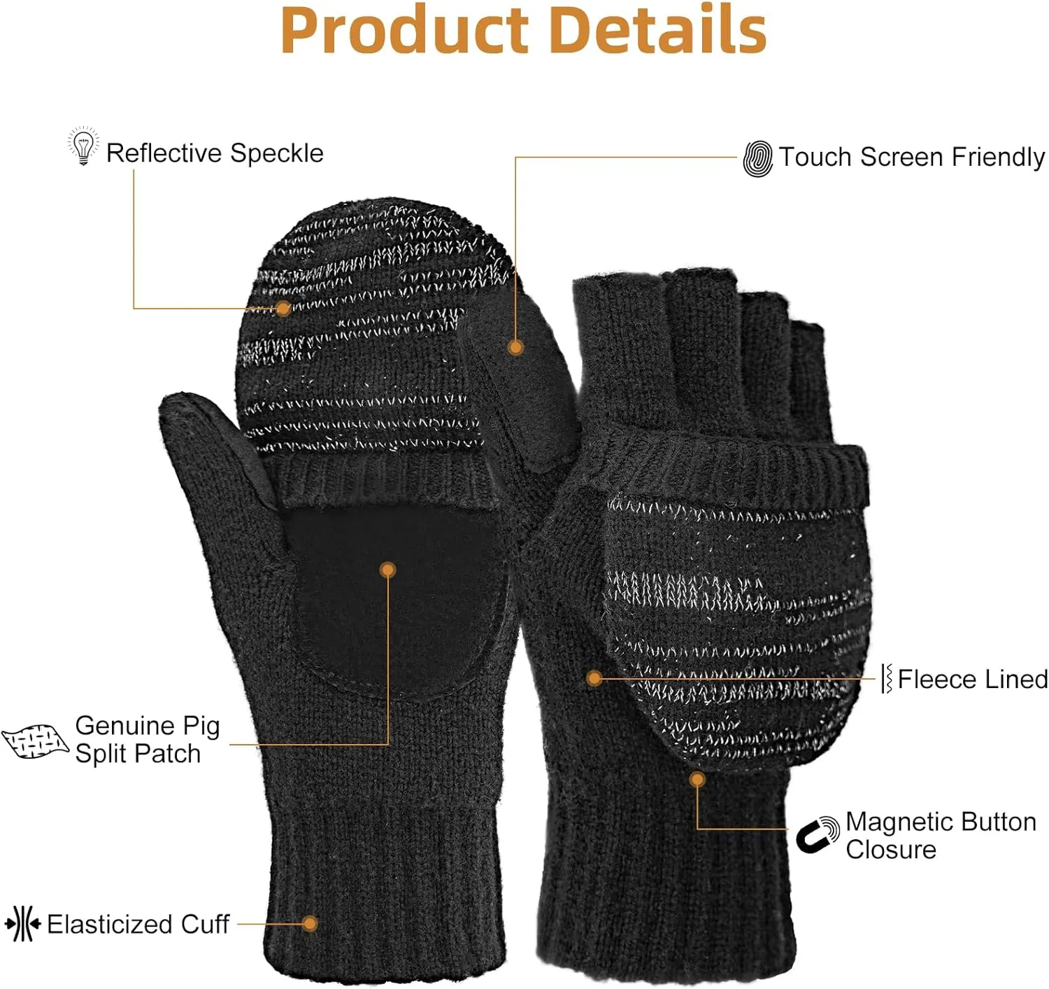 Flip Winter Gloves, Wool Fingerless Gloves for Women Men Cold Weather, Mittens with Reflective & Warmers Gift