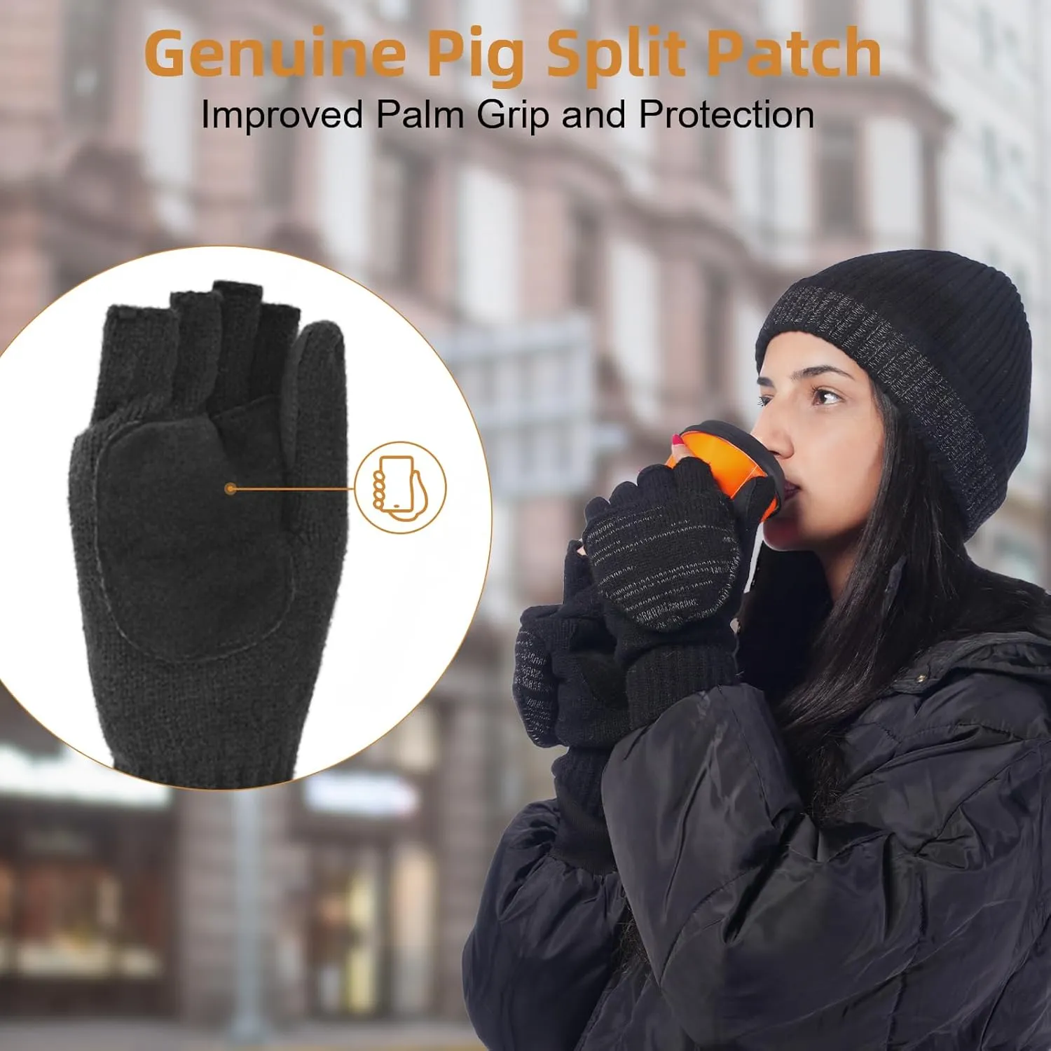 Flip Winter Gloves, Wool Fingerless Gloves for Women Men Cold Weather, Mittens with Reflective & Warmers Gift