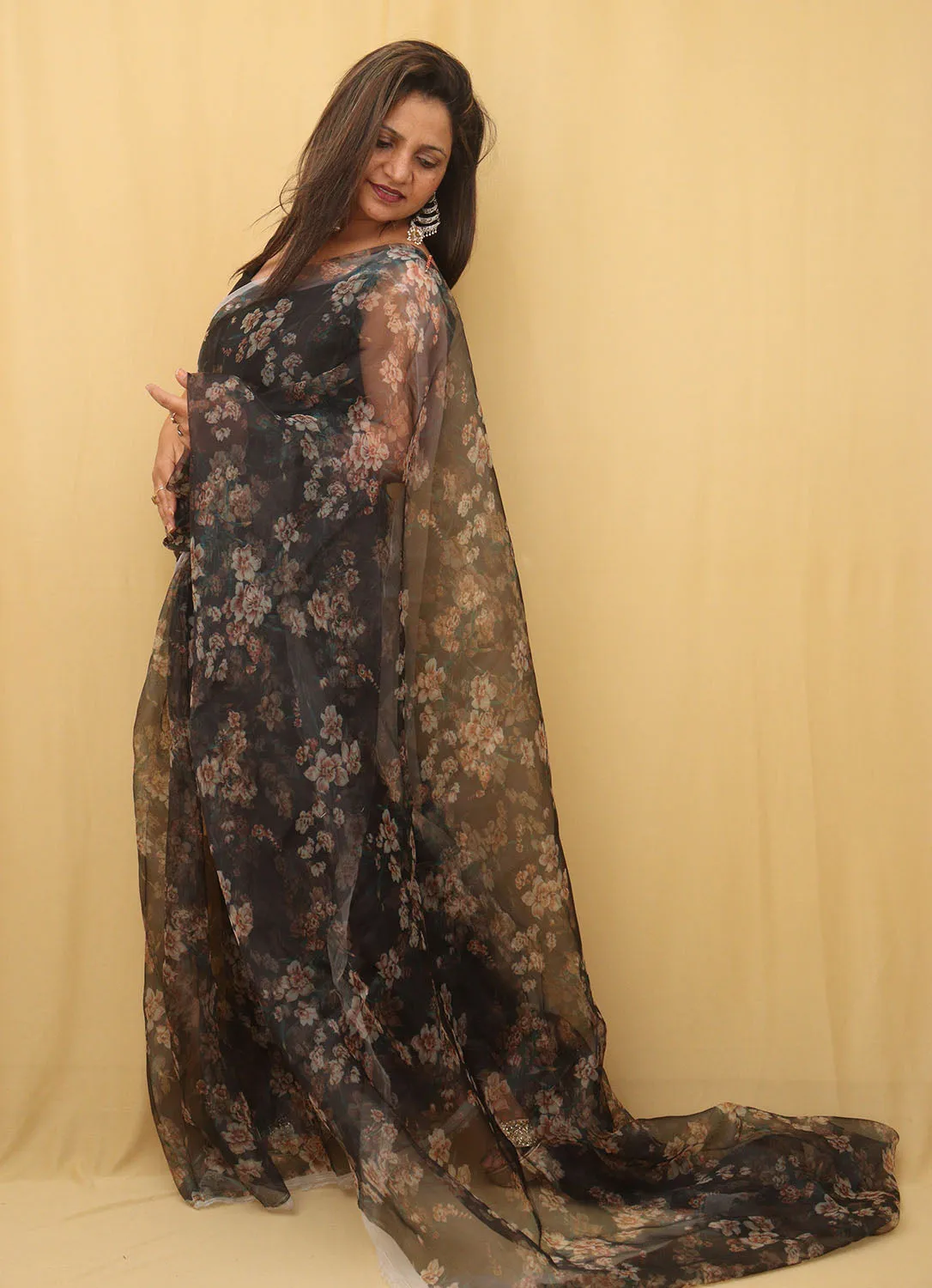 Floral Bliss: Black Organza Silk Saree with Digital Print