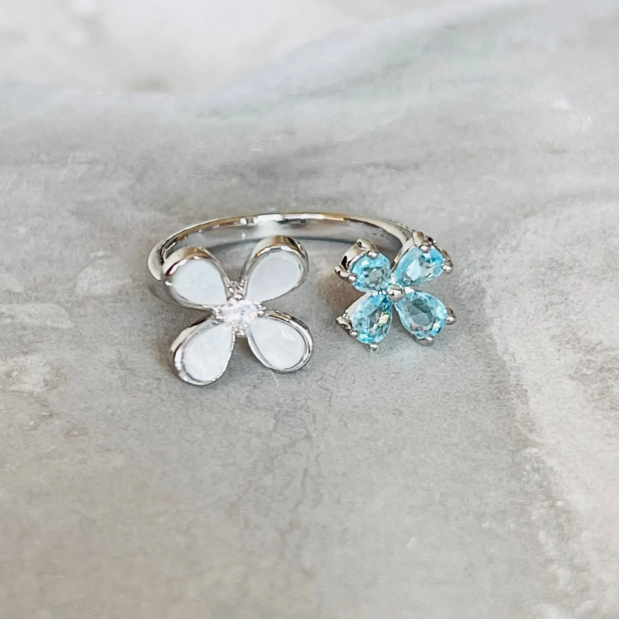 Four-Leaf Colorful Gemstone Butterfly Adjustable Ring, Cute