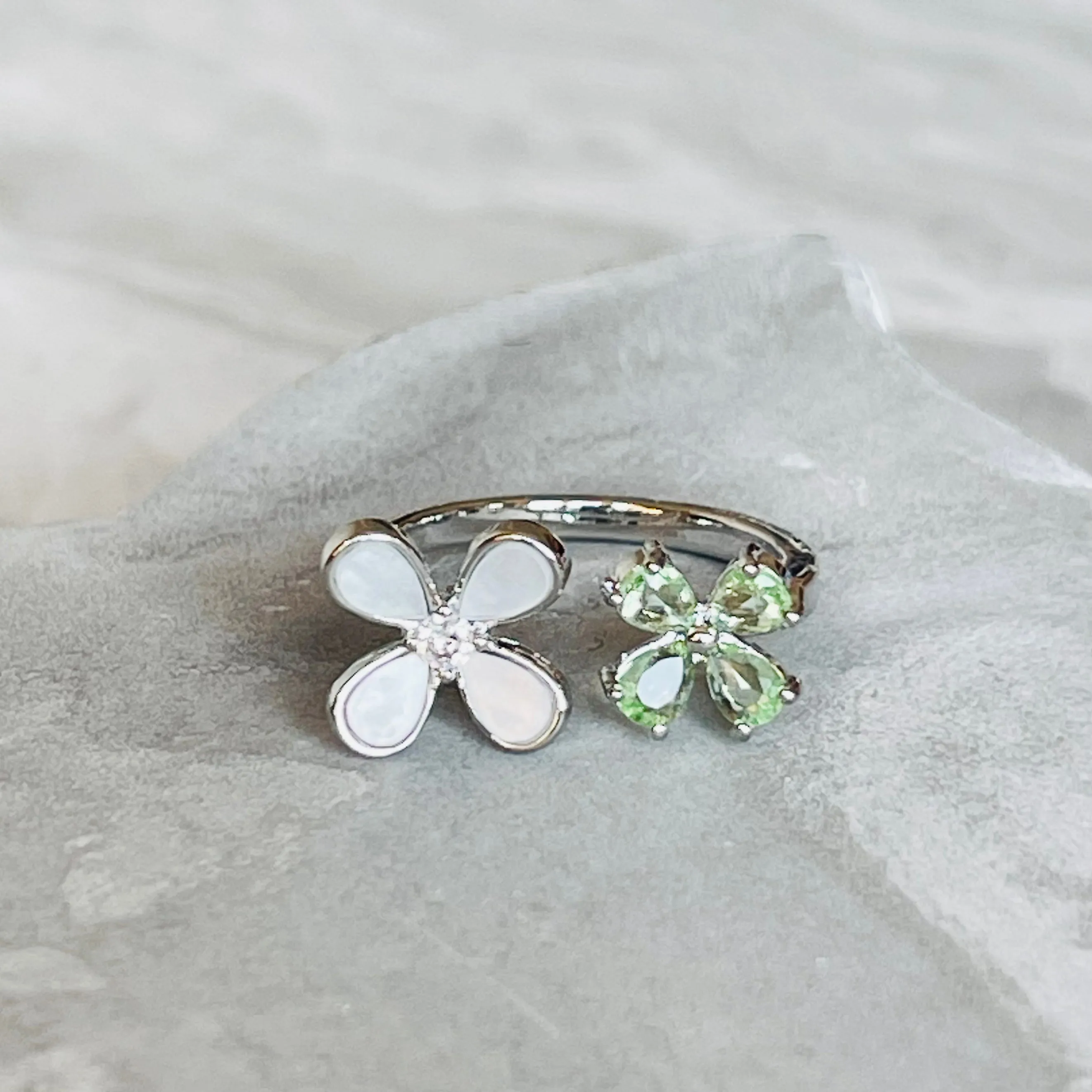 Four-Leaf Colorful Gemstone Butterfly Adjustable Ring, Cute