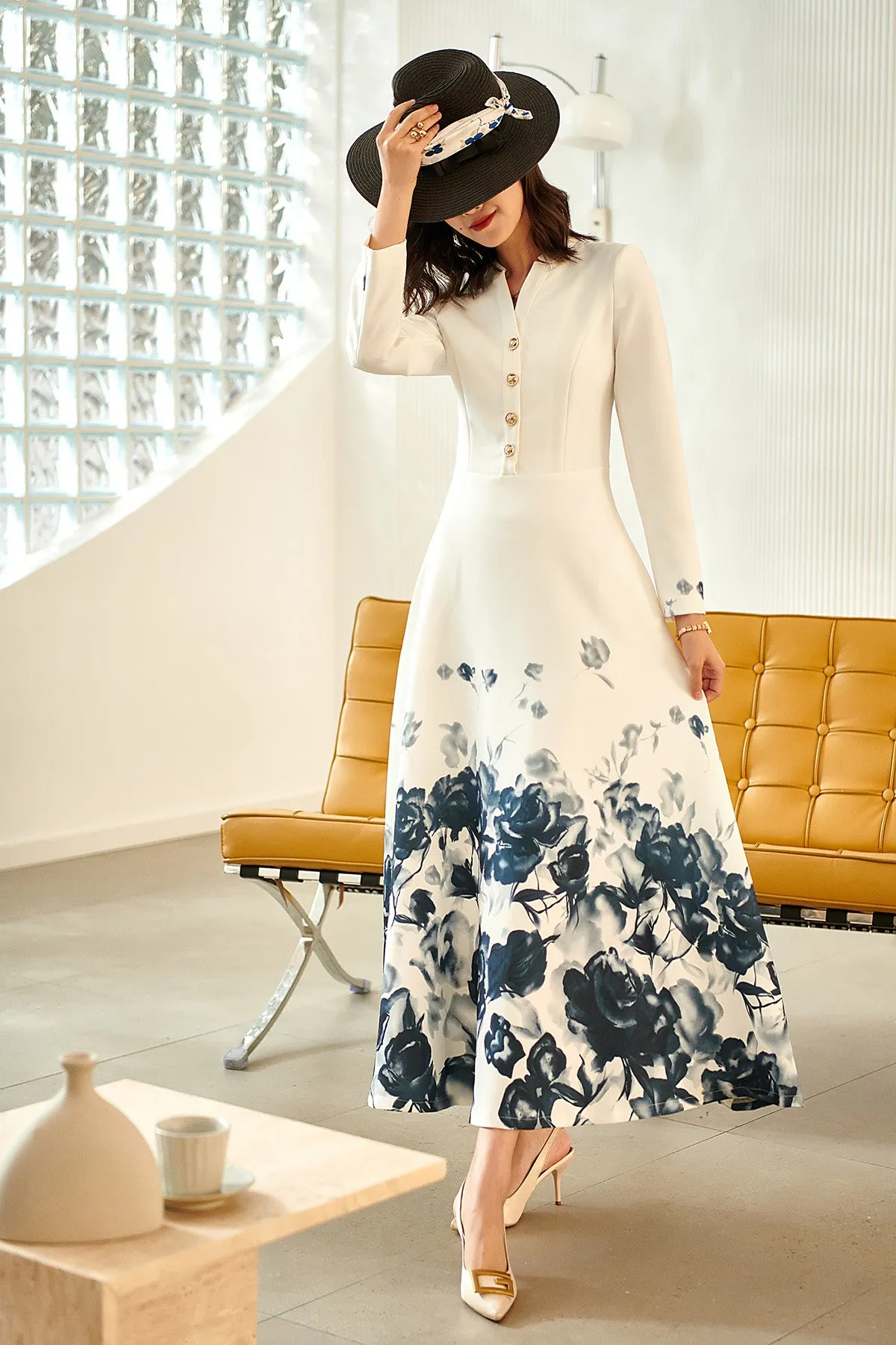 High-end fall long sleeve v-neck print retro dress- Adia