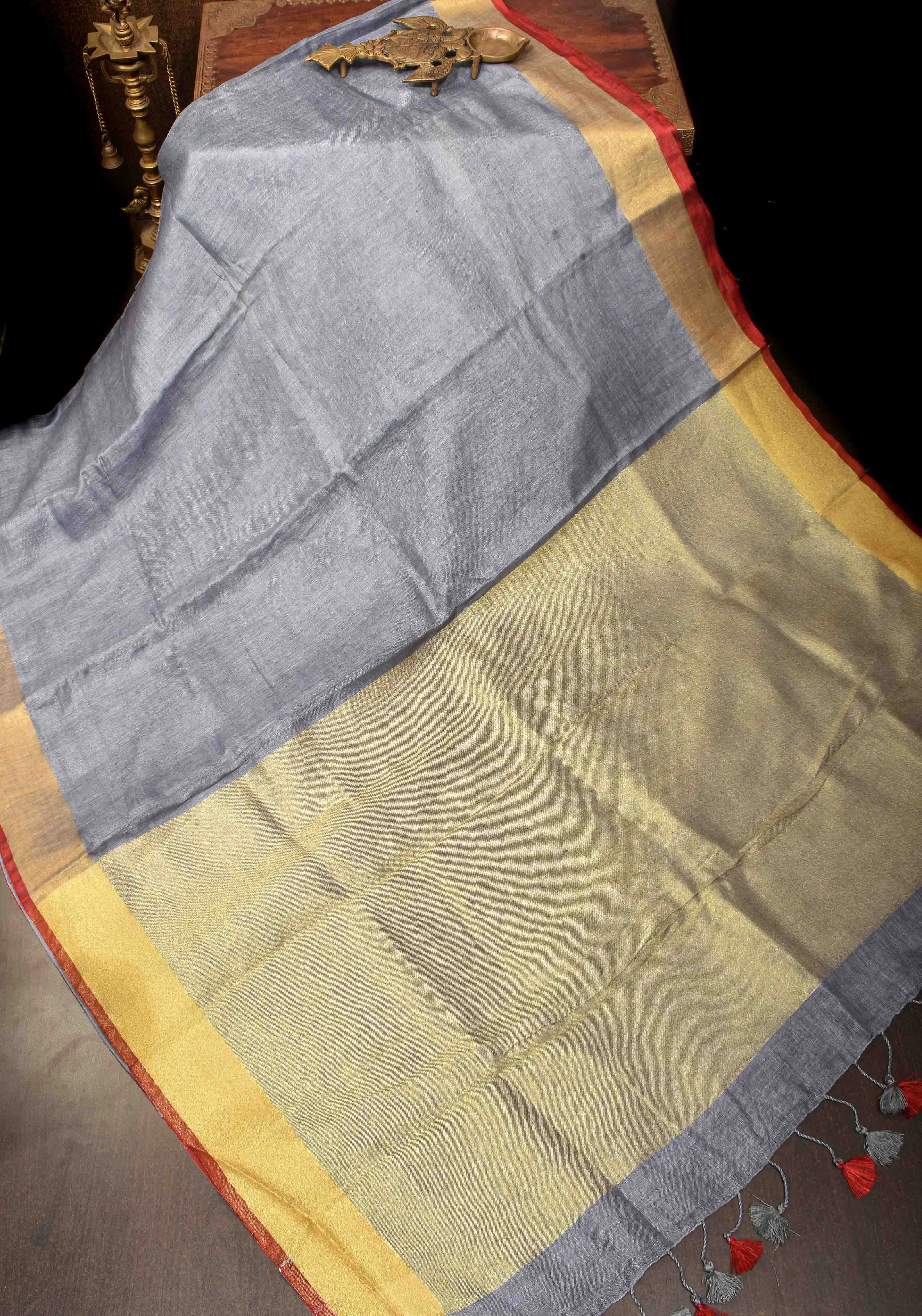 Linen by Linen Saree in Gray with Zari Border and Contrast Blouse Piece