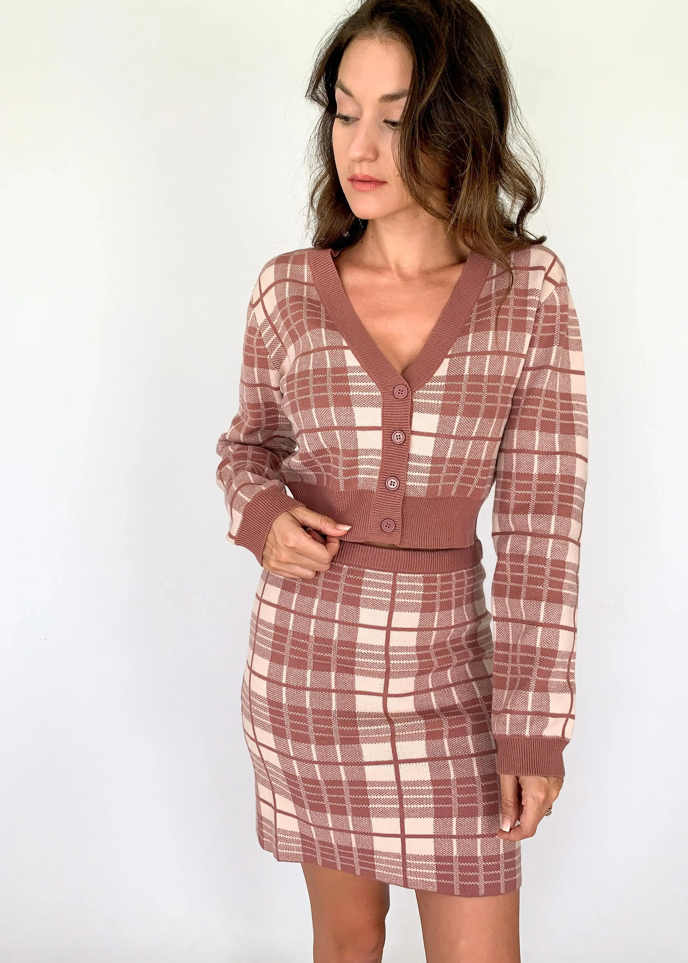 Mauve Plaid Knit Elastic Skirt