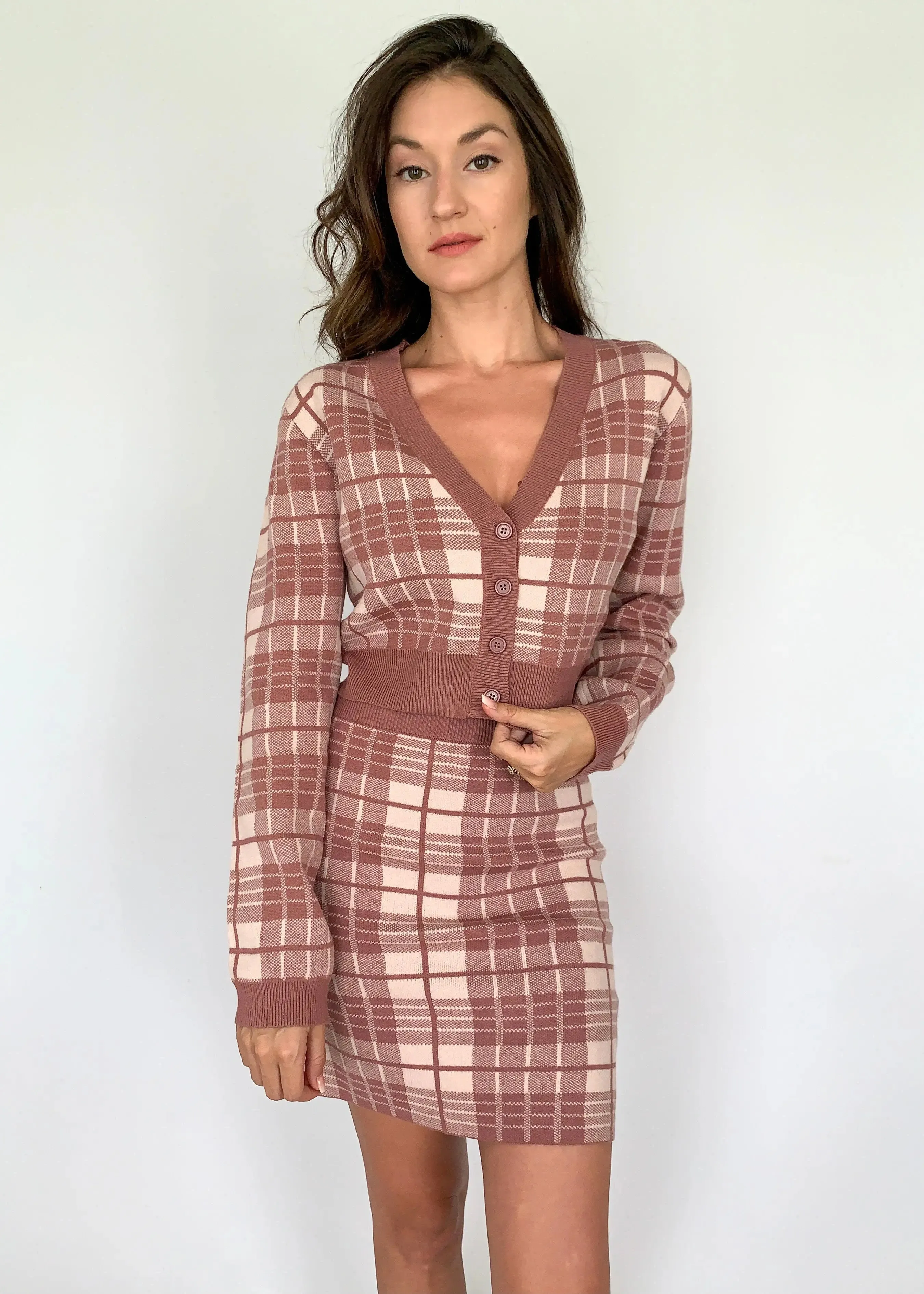 Mauve Plaid Knit Elastic Skirt
