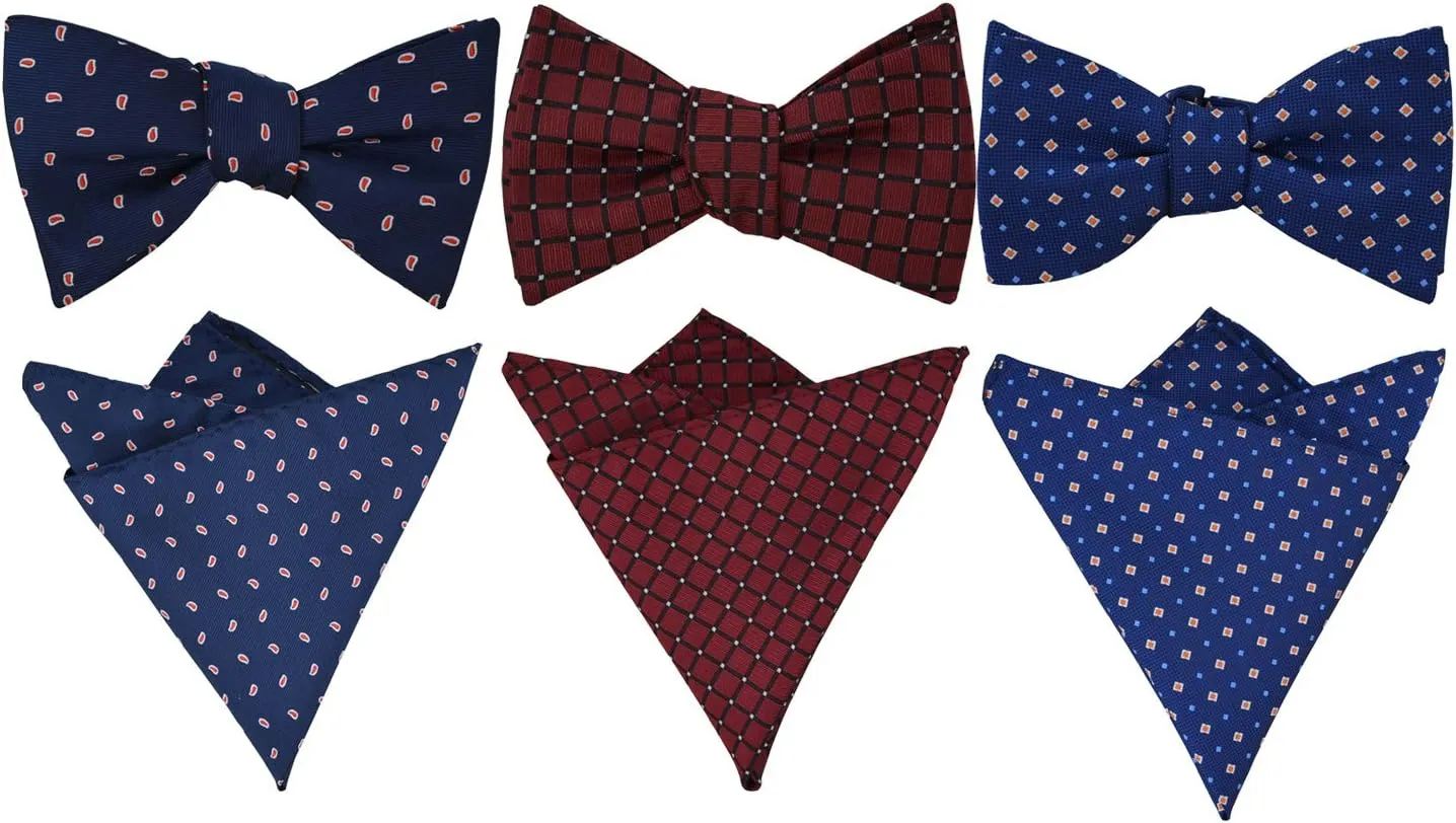 Men Bow Tie and Pocket Square Set of 3, Boy Classic Self Tied Bowtie with Handkerchief for Tuxedo or Wedding Party MS-B2