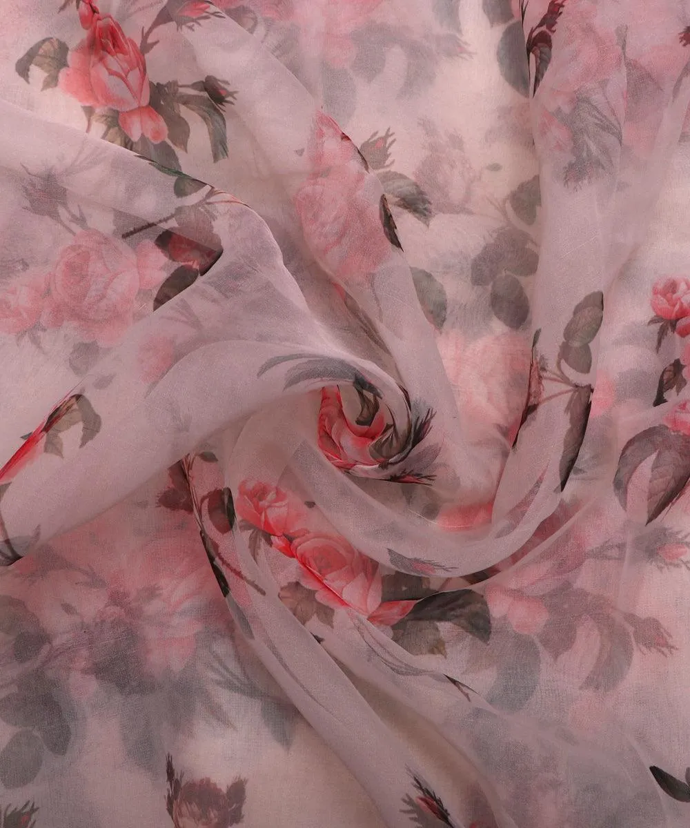 Off white Colour Floral Print Organza Silk Fabric