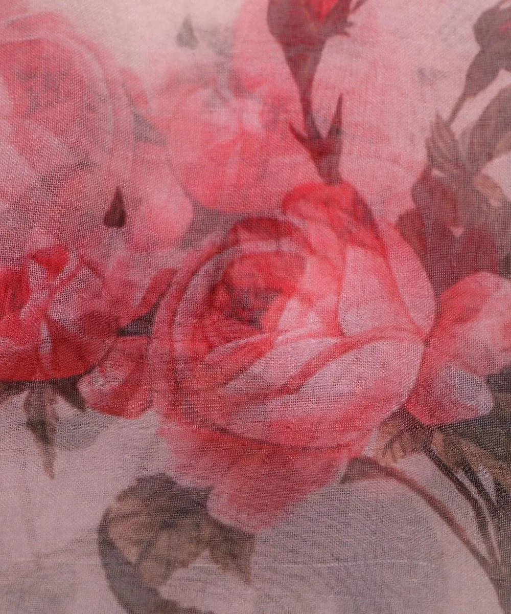 Off white Colour Floral Print Organza Silk Fabric