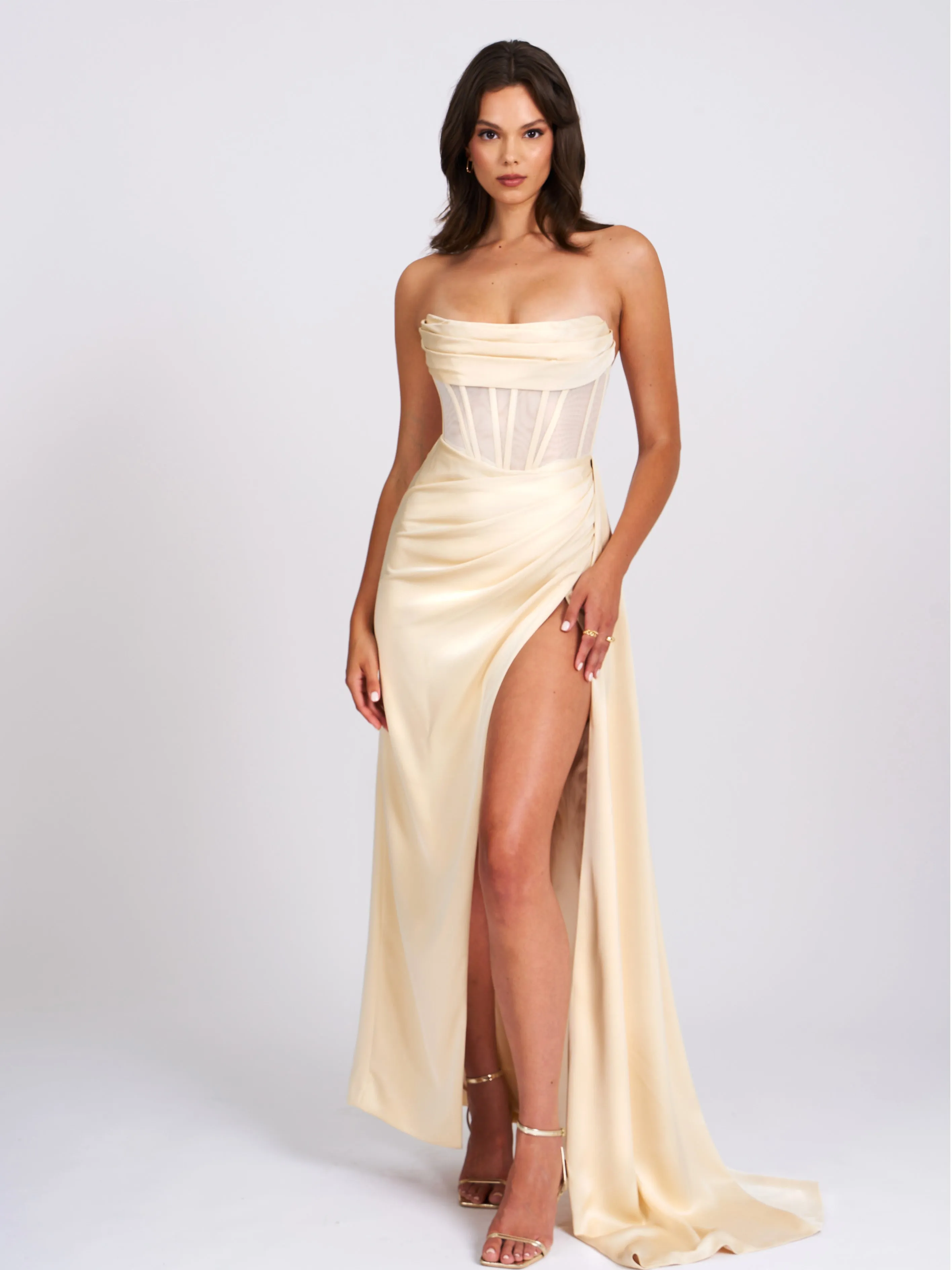 Prisa Egg White High Graceful Slit Satin Corset Gown