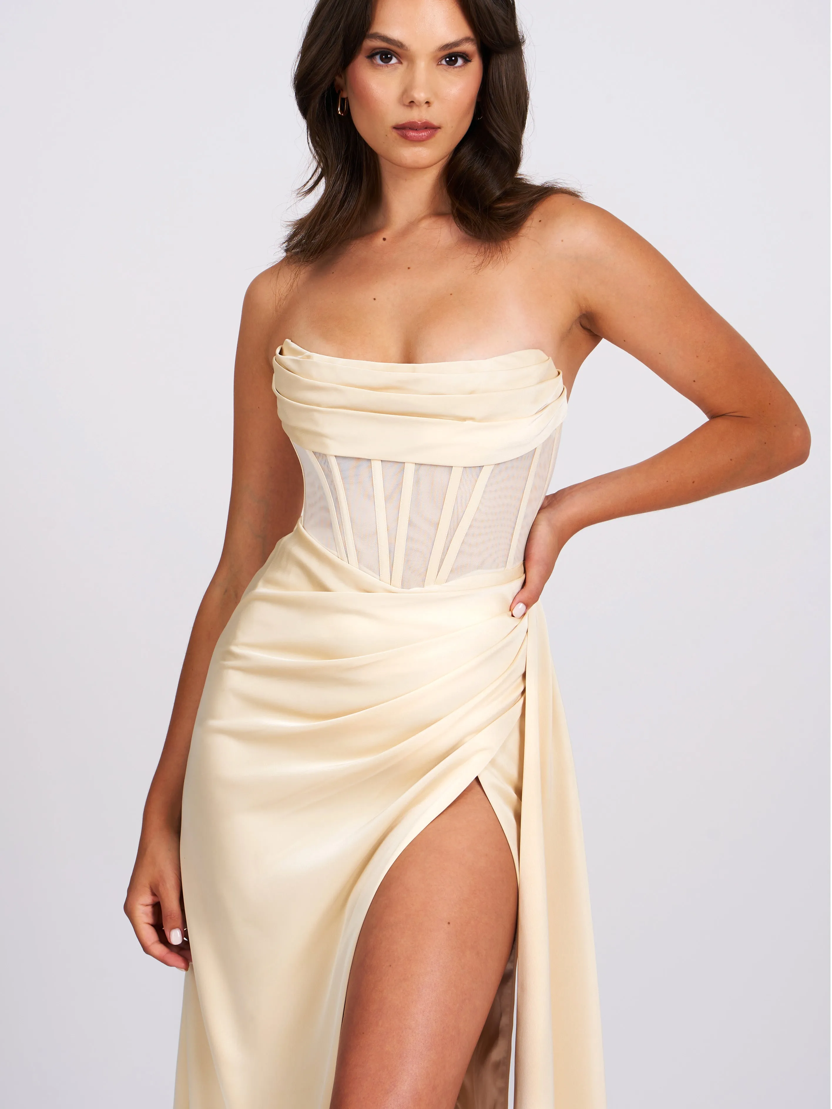Prisa Egg White High Graceful Slit Satin Corset Gown