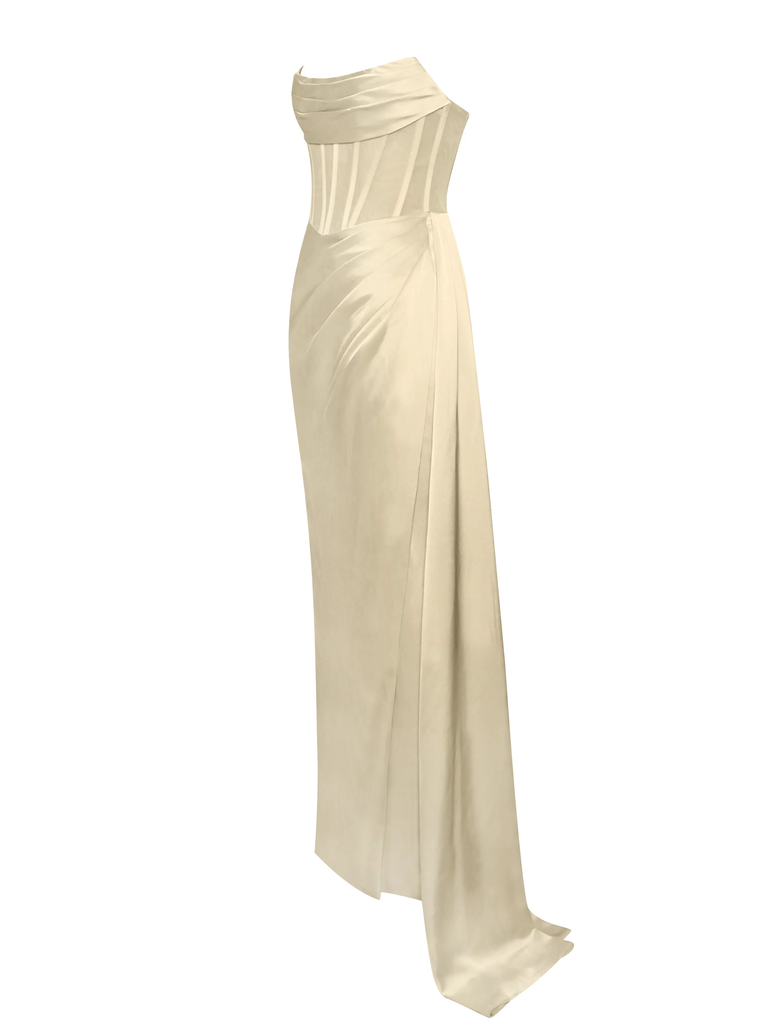 Prisa Egg White High Graceful Slit Satin Corset Gown