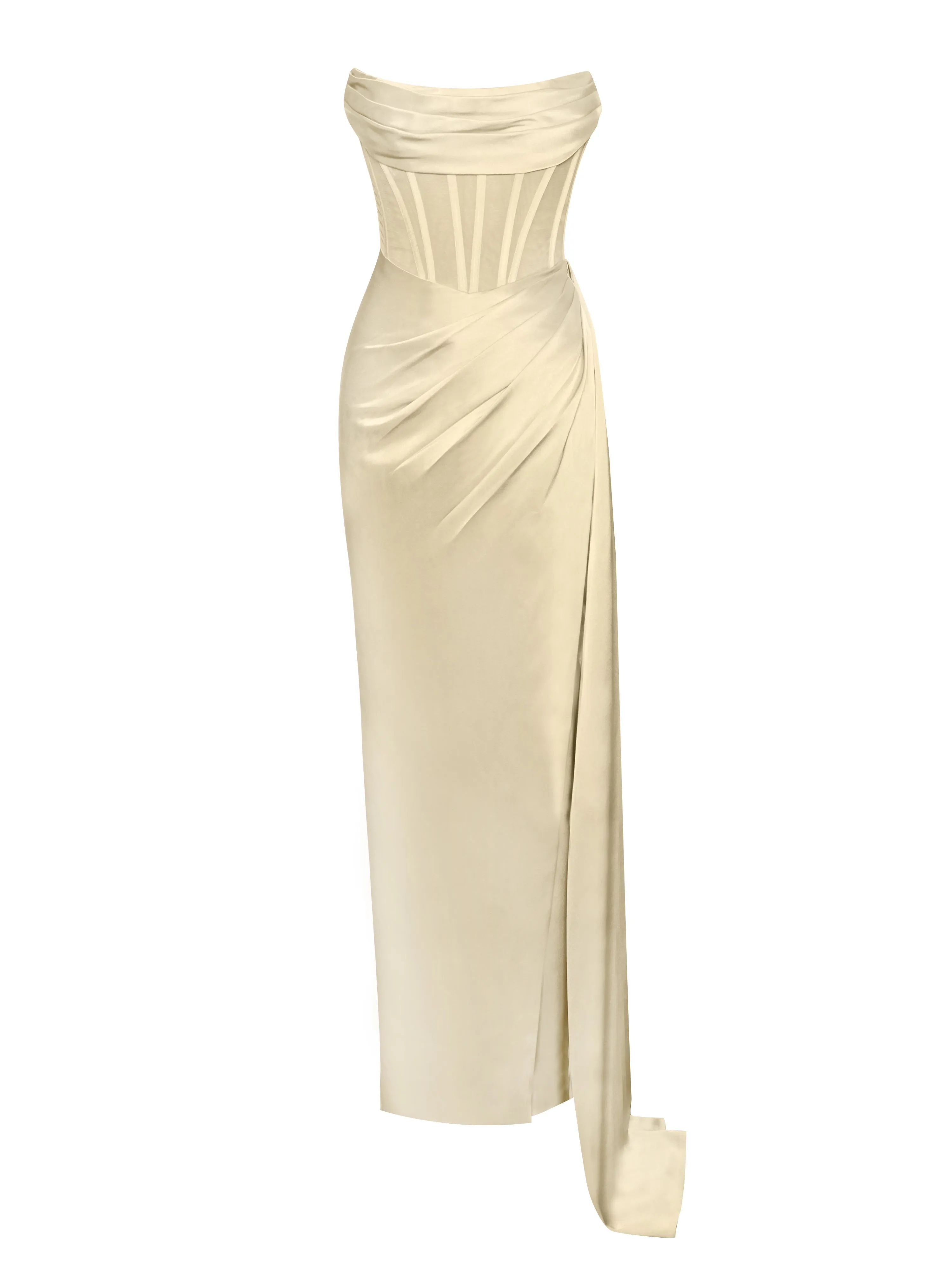 Prisa Egg White High Graceful Slit Satin Corset Gown