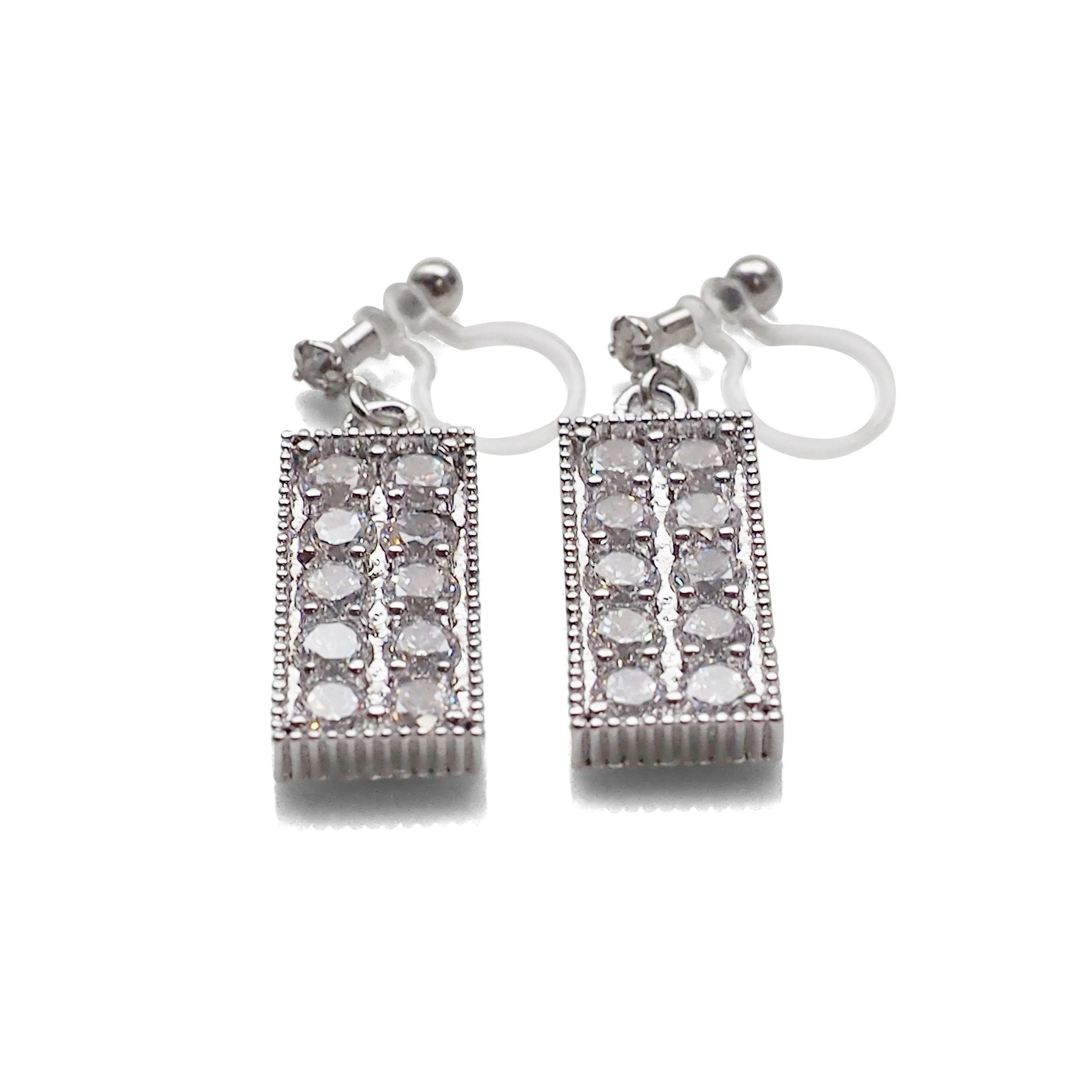 Rectangular bar cubic zirconia invisible clip on earrings (silver tone)