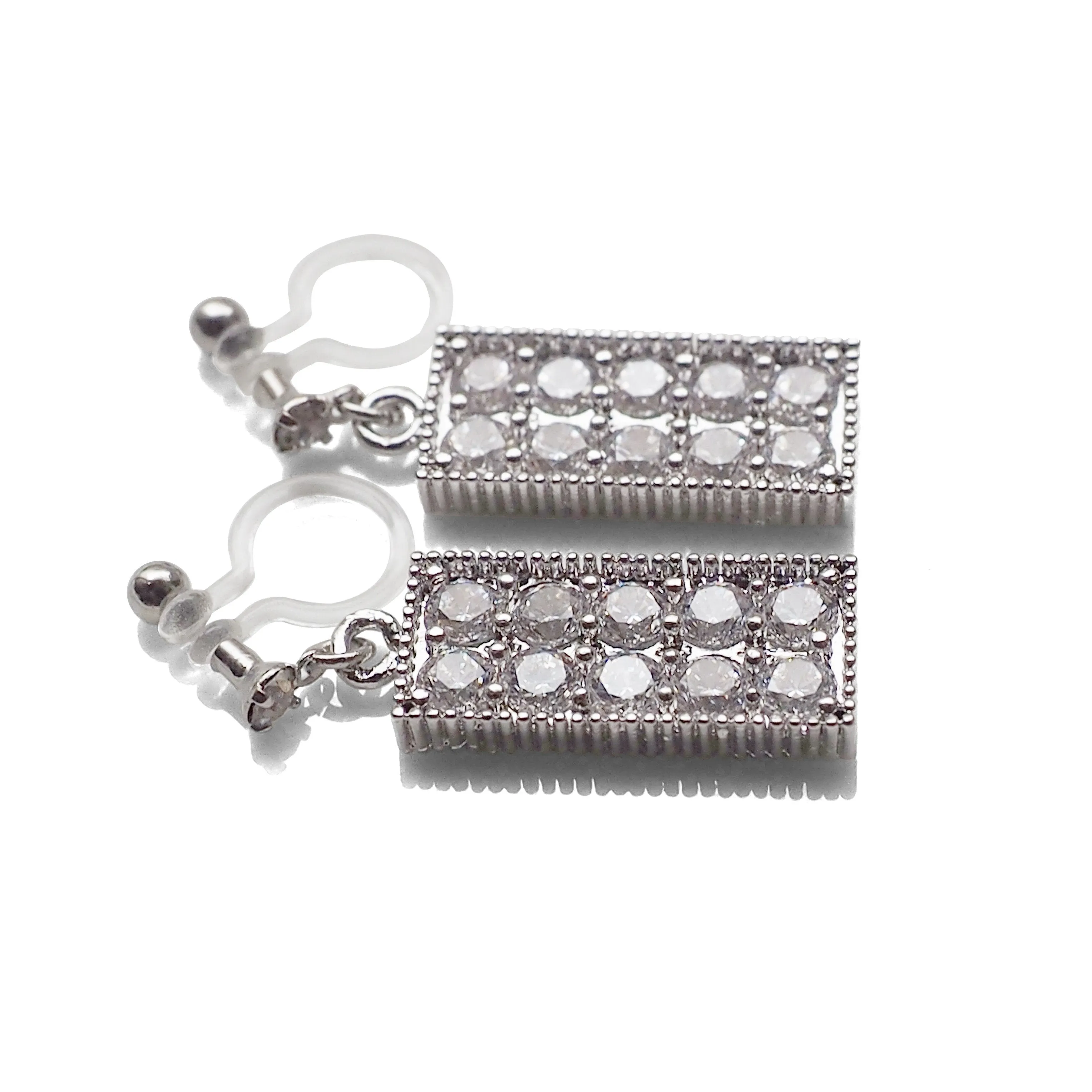 Rectangular bar cubic zirconia invisible clip on earrings (silver tone)