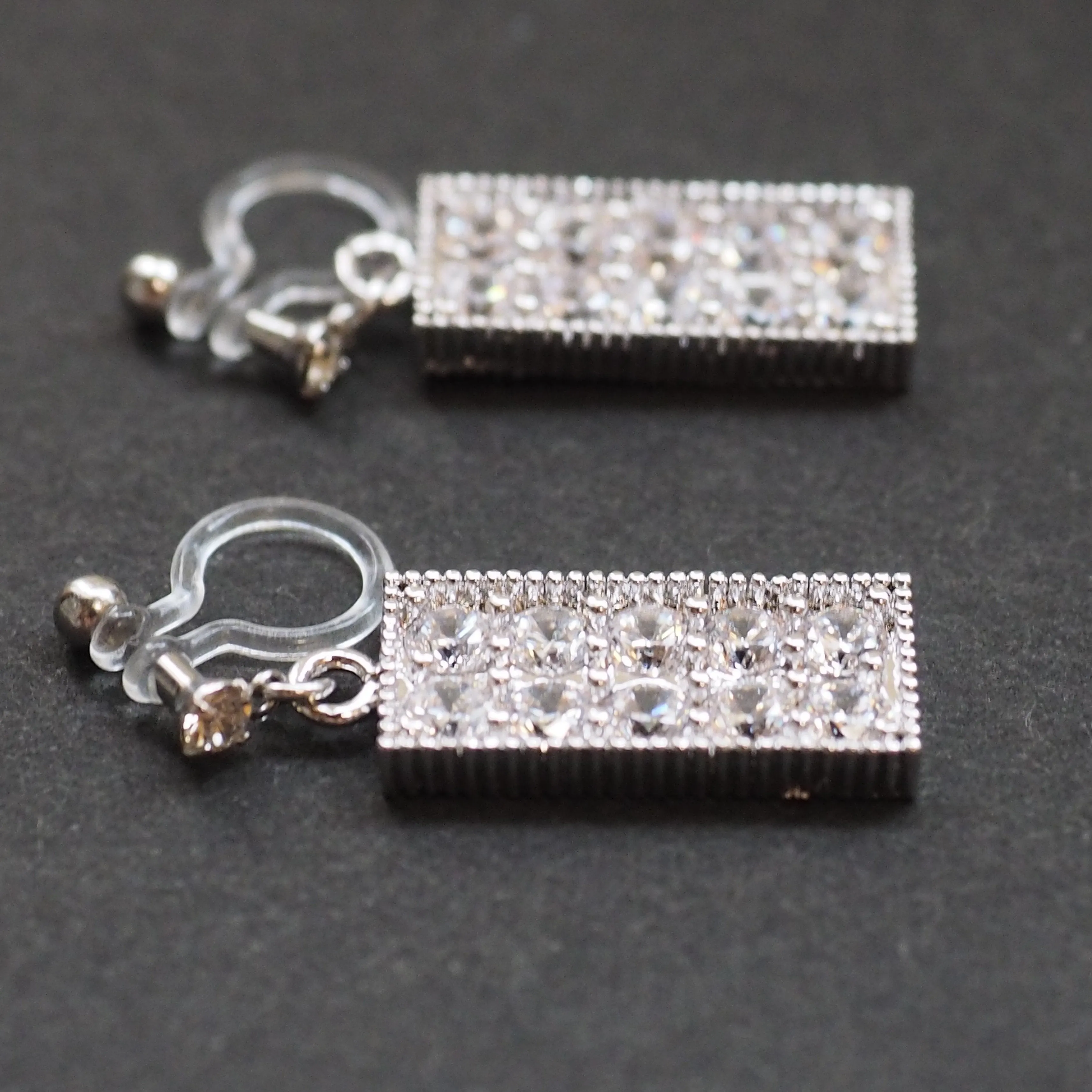 Rectangular bar cubic zirconia invisible clip on earrings (silver tone)