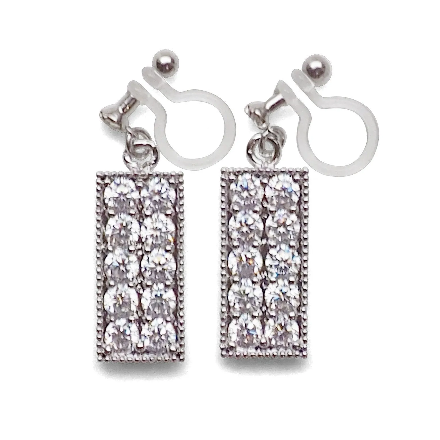 Rectangular bar cubic zirconia invisible clip on earrings (silver tone)