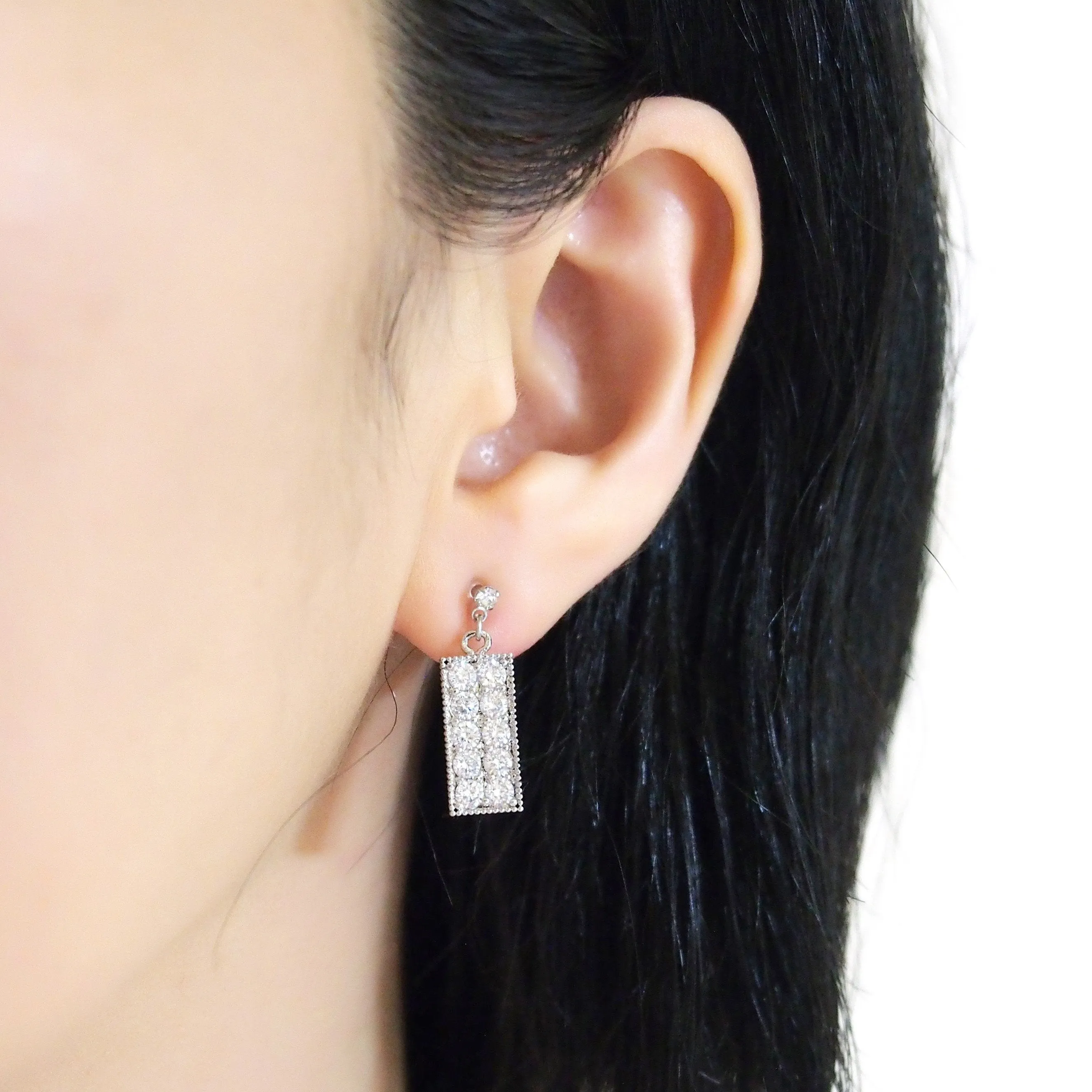 Rectangular bar cubic zirconia invisible clip on earrings (silver tone)