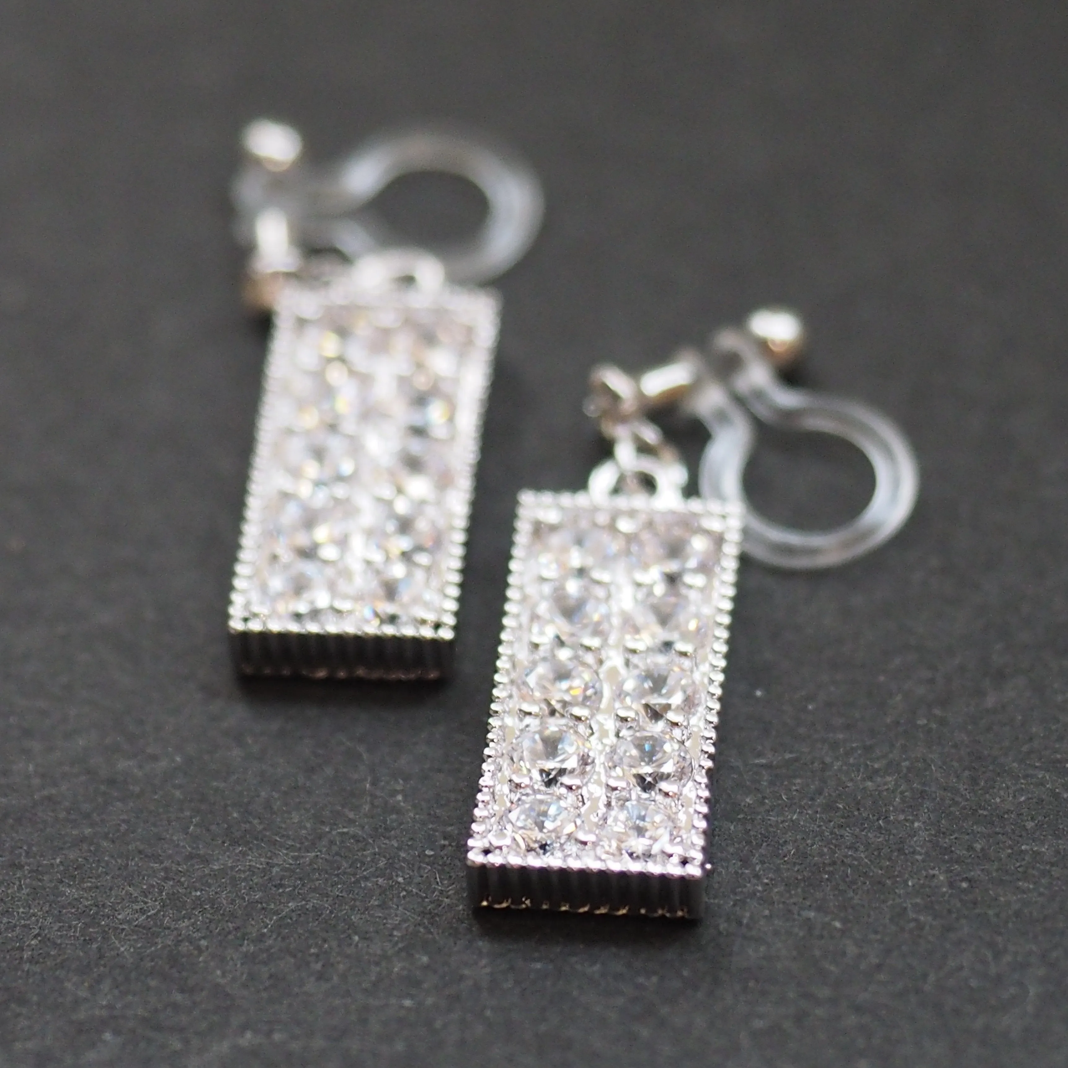 Rectangular bar cubic zirconia invisible clip on earrings (silver tone)