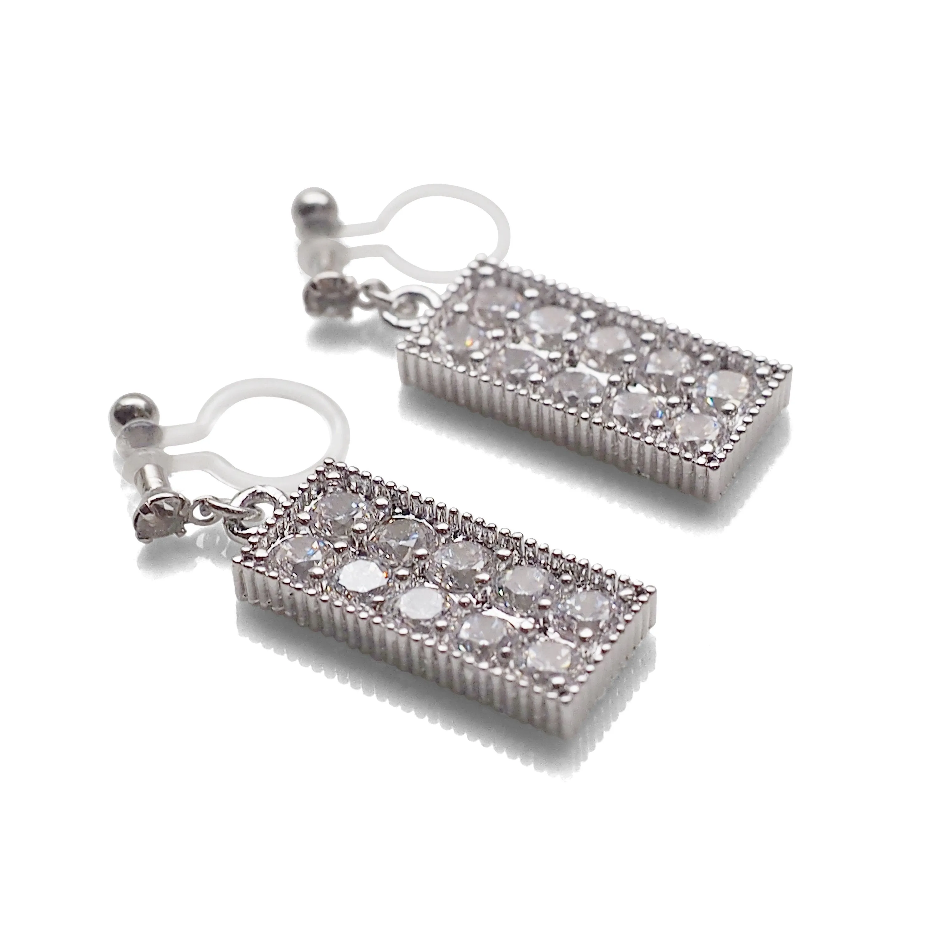 Rectangular bar cubic zirconia invisible clip on earrings (silver tone)
