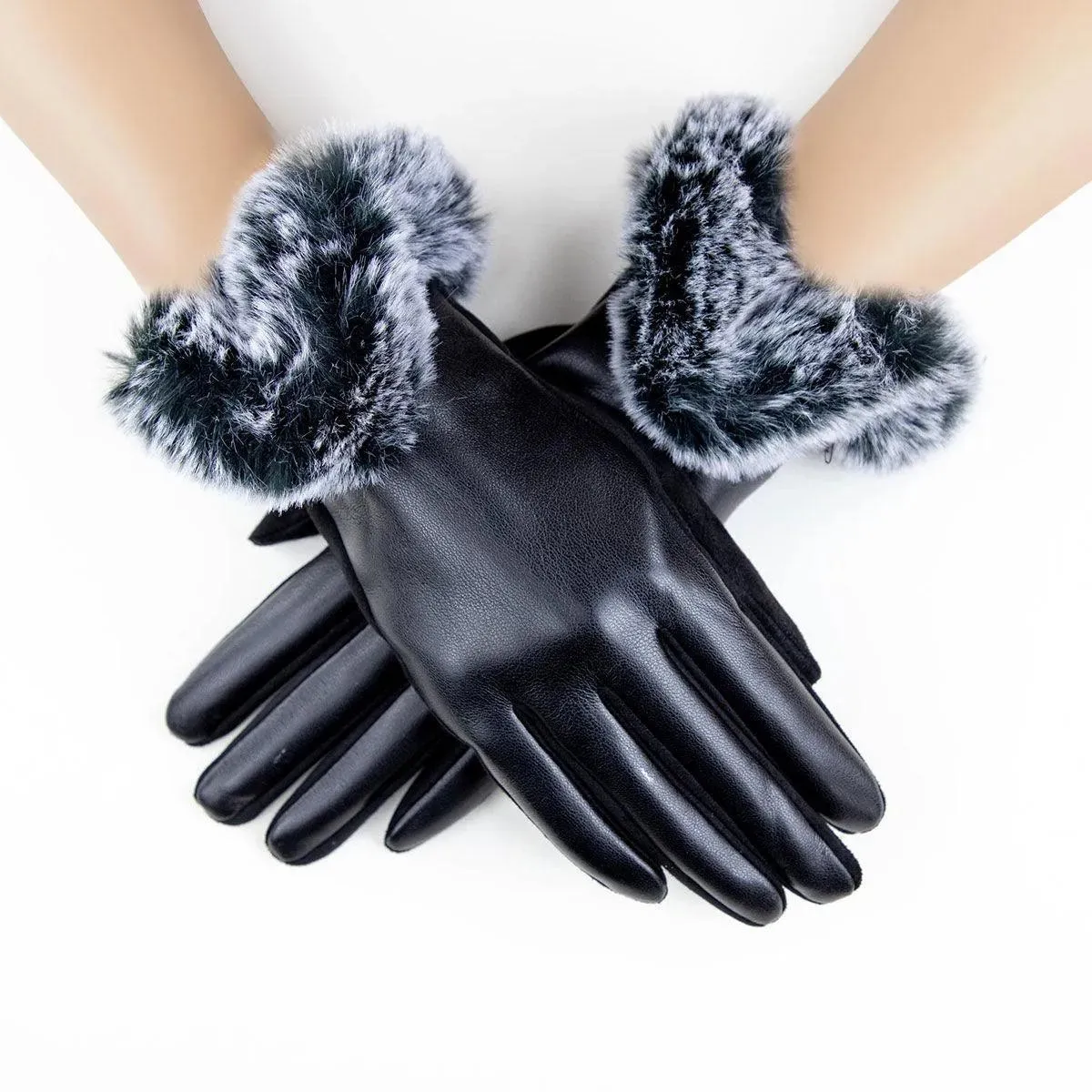 Shop Stylish Black Vegan Leather Gloves - Women's Faux Fur Cuff