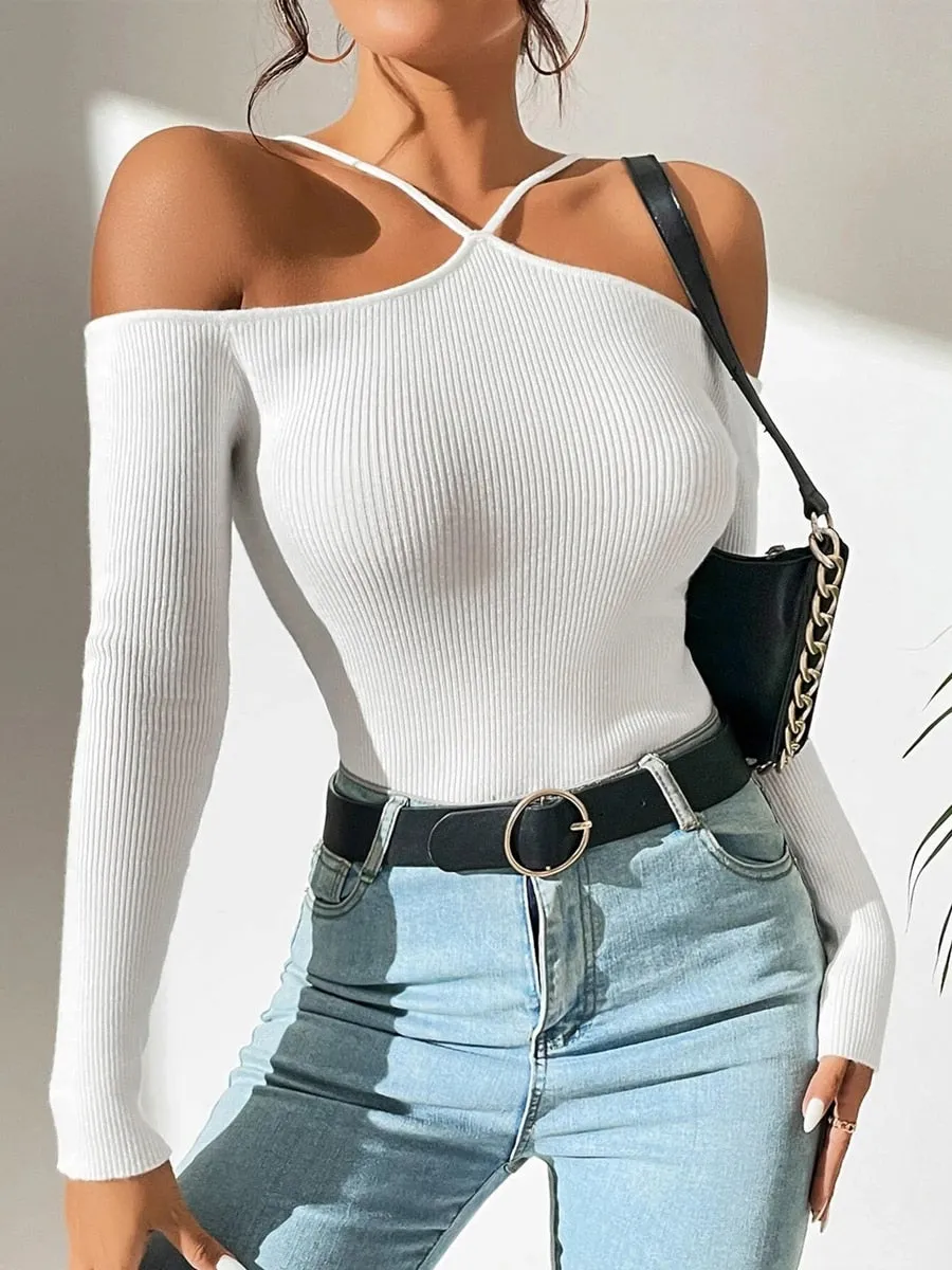 Spring Summer Women Basics Cold Shoulder Ribbed Knit Cross Neck