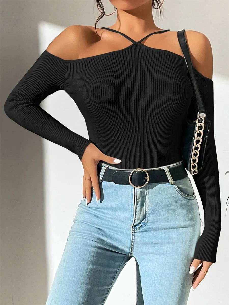 Spring Summer Women Basics Cold Shoulder Ribbed Knit Cross Neck