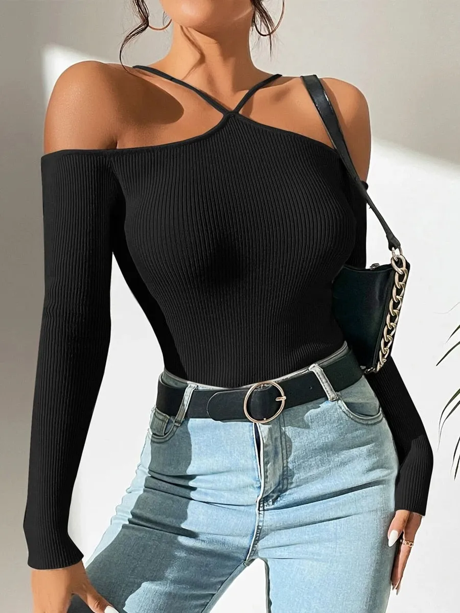 Spring Summer Women Basics Cold Shoulder Ribbed Knit Cross Neck
