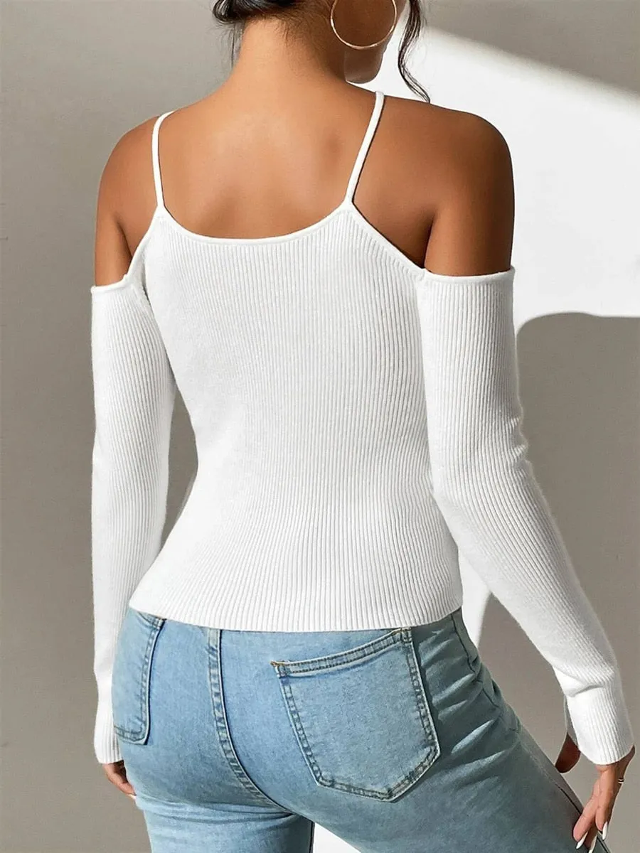 Spring Summer Women Basics Cold Shoulder Ribbed Knit Cross Neck