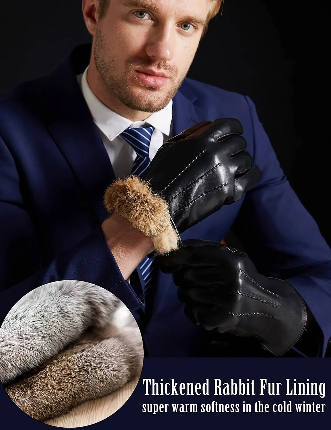 Super Warm Rabbit Fur Mens Leather Gloves for Men Winter Touchscreen Texting Driving Gloves