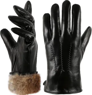 Super Warm Rabbit Fur Mens Leather Gloves for Men Winter Touchscreen Texting Driving Gloves
