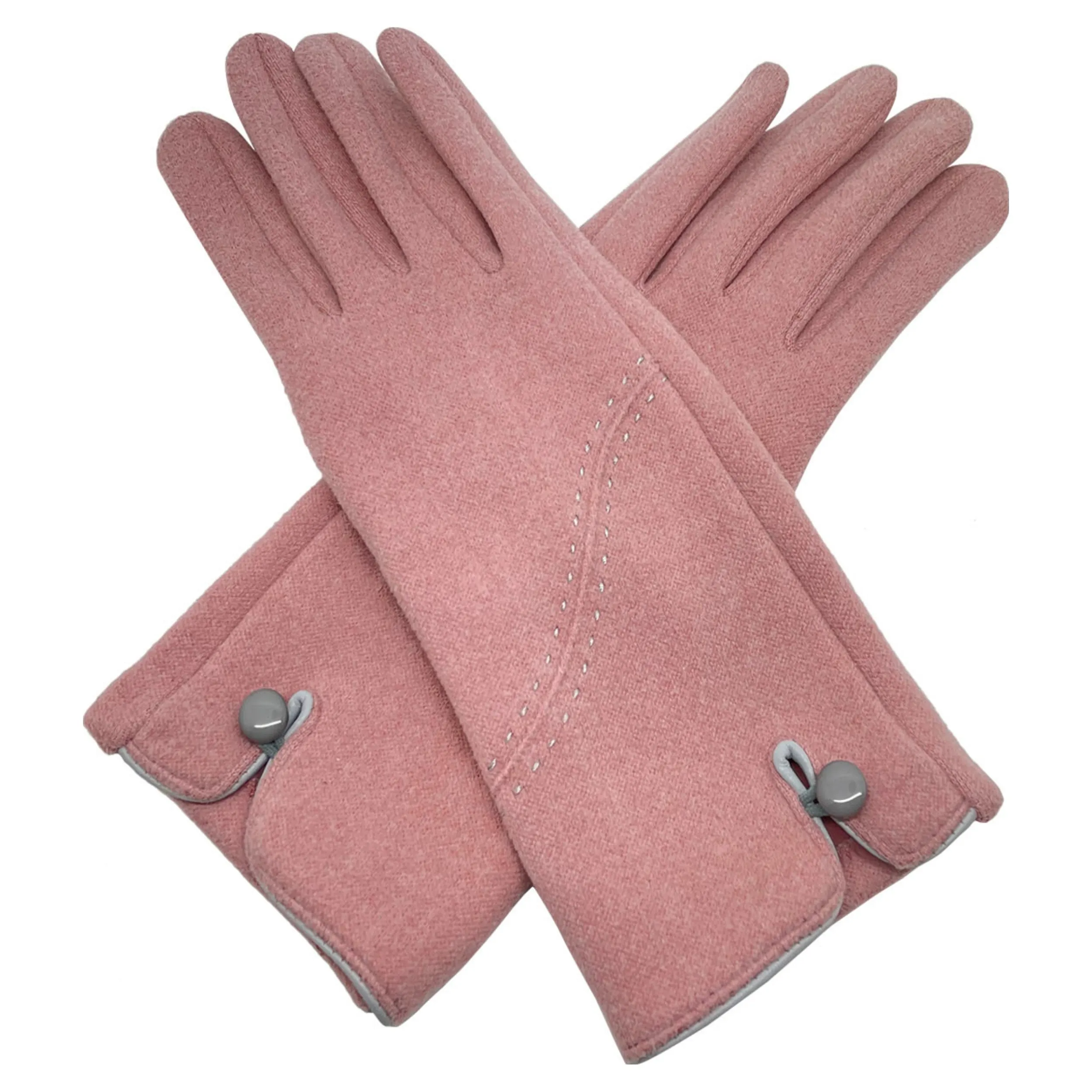 Thermal Felt Pink Gloves with Stitch & Button Detail
