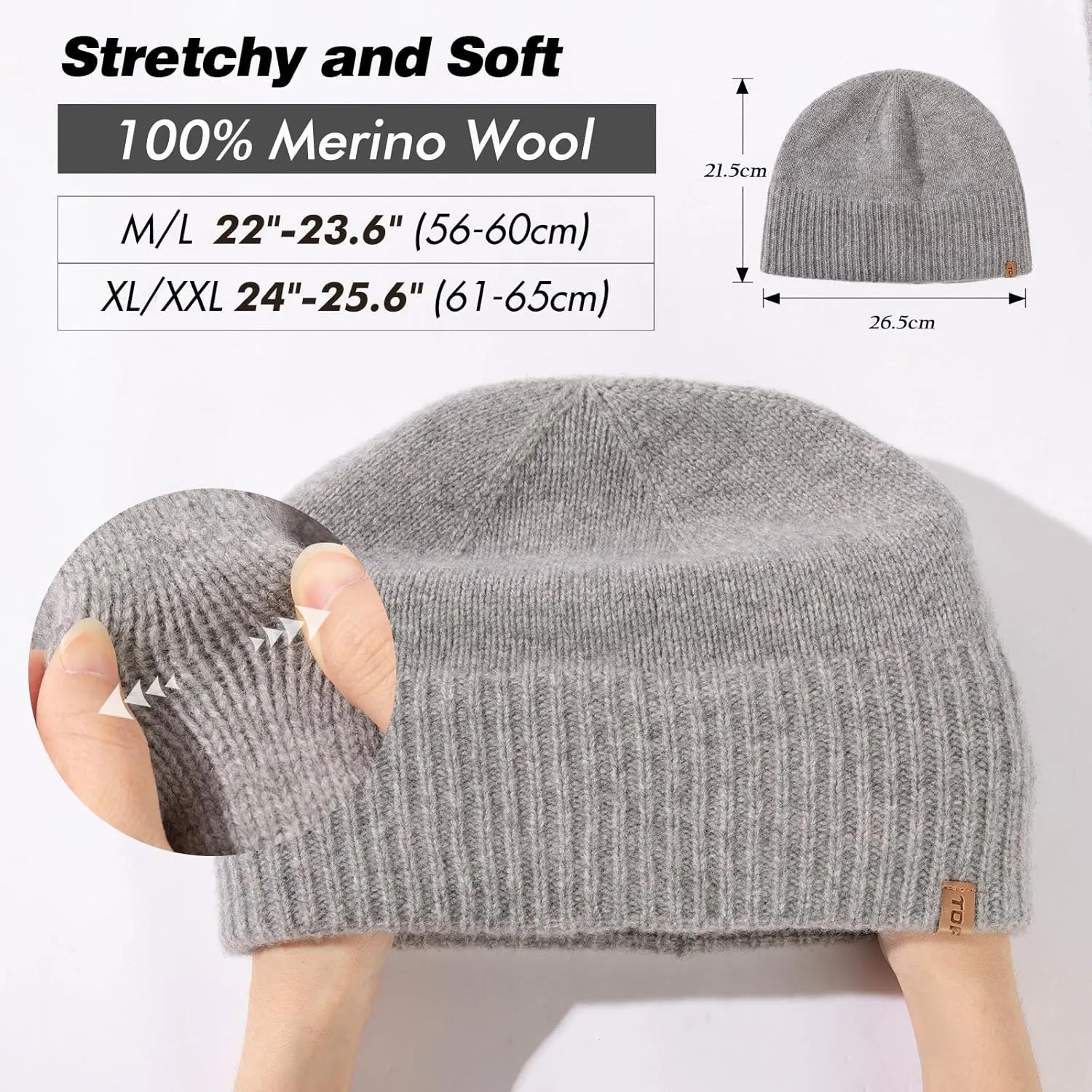 TOP-EX Oversized L/XL/XXL 100% Merino Wool Beanie Fleece Lined Cuffed Watch Fisherman Cap