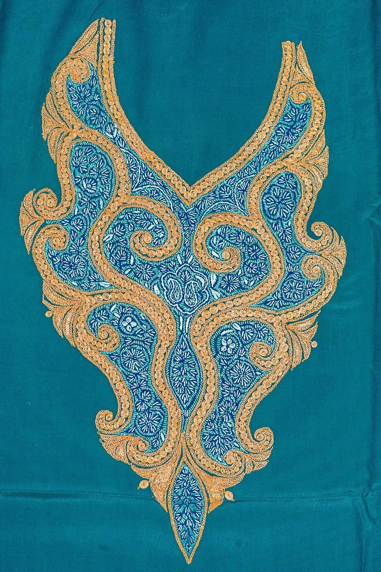 Turquoise Elegance: Sozni and Tilla Embroidered Kashmiri Suit