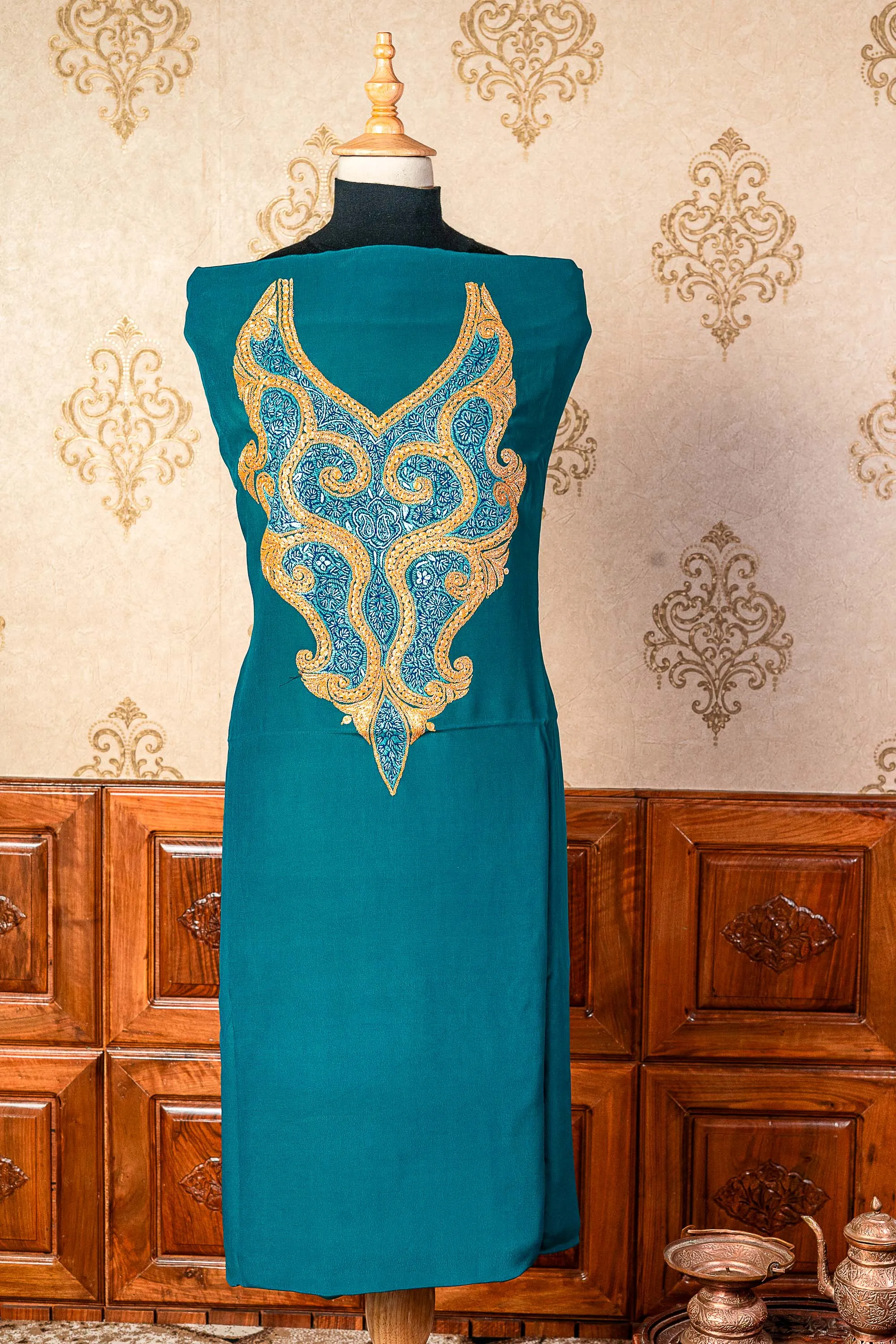 Turquoise Elegance: Sozni and Tilla Embroidered Kashmiri Suit