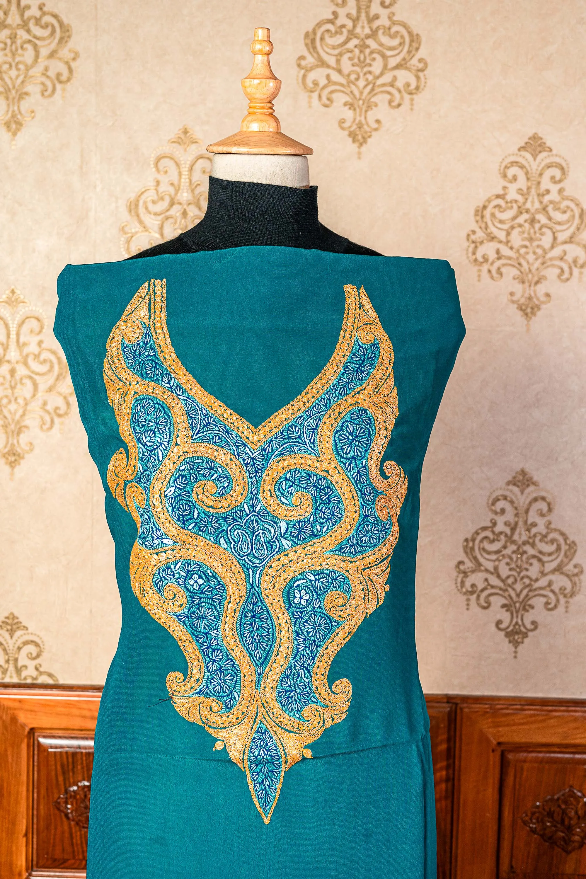 Turquoise Elegance: Sozni and Tilla Embroidered Kashmiri Suit