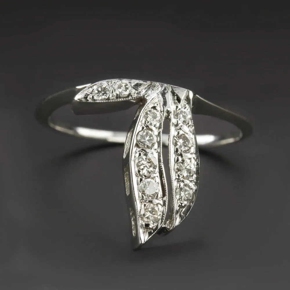 VINTAGE DIAMOND COCKTAIL RING MID CENTURY RIBBON 14k WHITE GOLD NATURAL DAINTY
