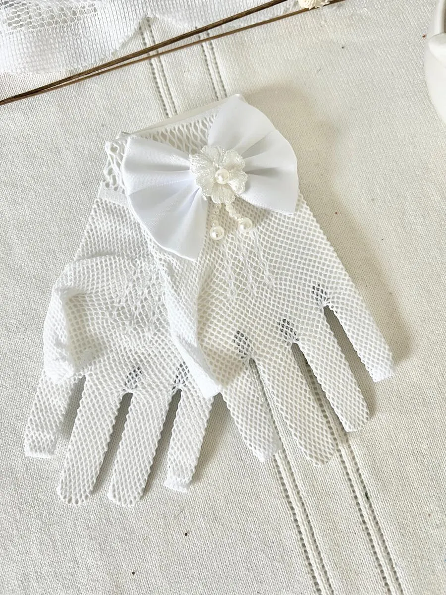 White Netted Gloves with Satin Bow