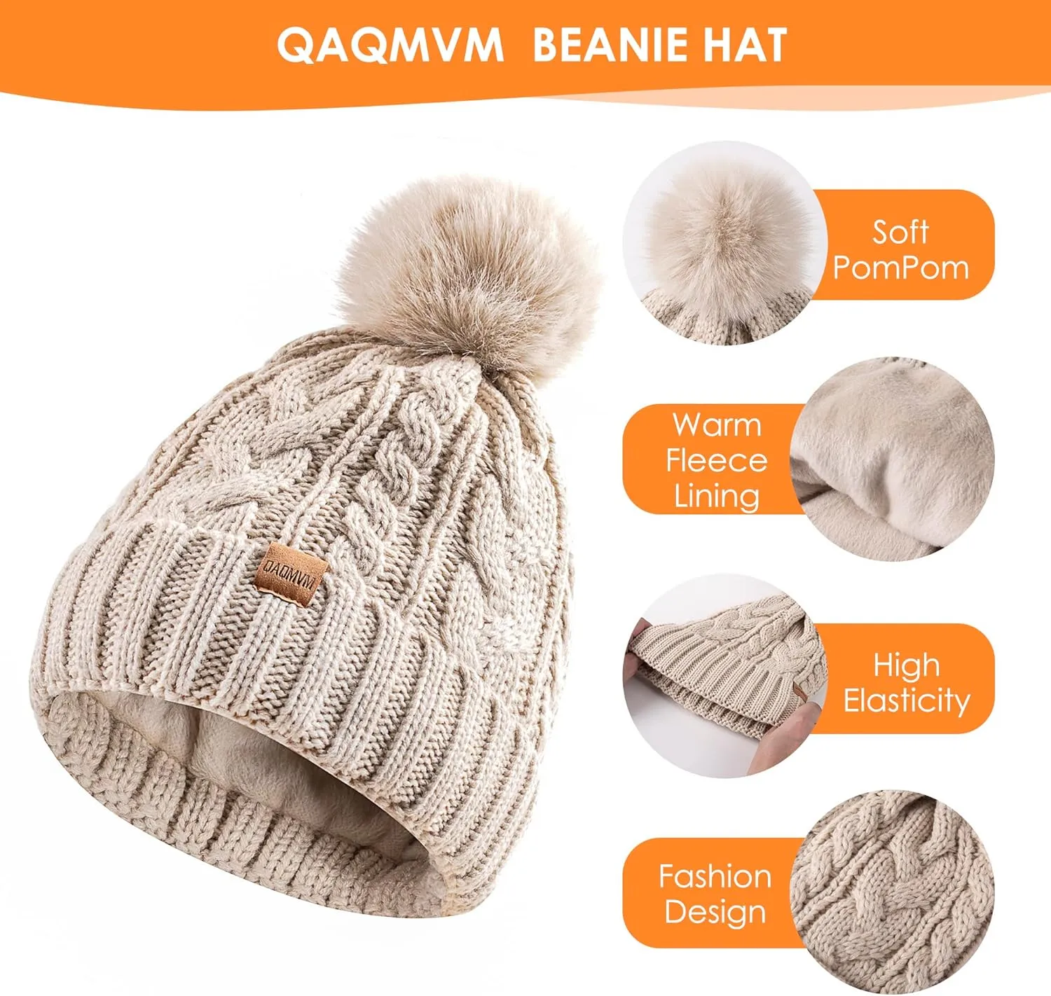 Winter Beanie Hat Gloves Set for Women, Pom Pom Fleece Lined Hat Knit Touchscreen Gloves