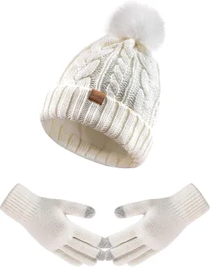 Winter Beanie Hat Gloves Set for Women, Pom Pom Fleece Lined Hat Knit Touchscreen Gloves