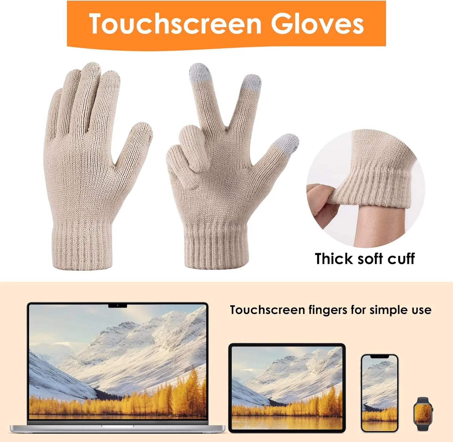 Winter Beanie Hat Gloves Set for Women, Pom Pom Fleece Lined Hat Knit Touchscreen Gloves