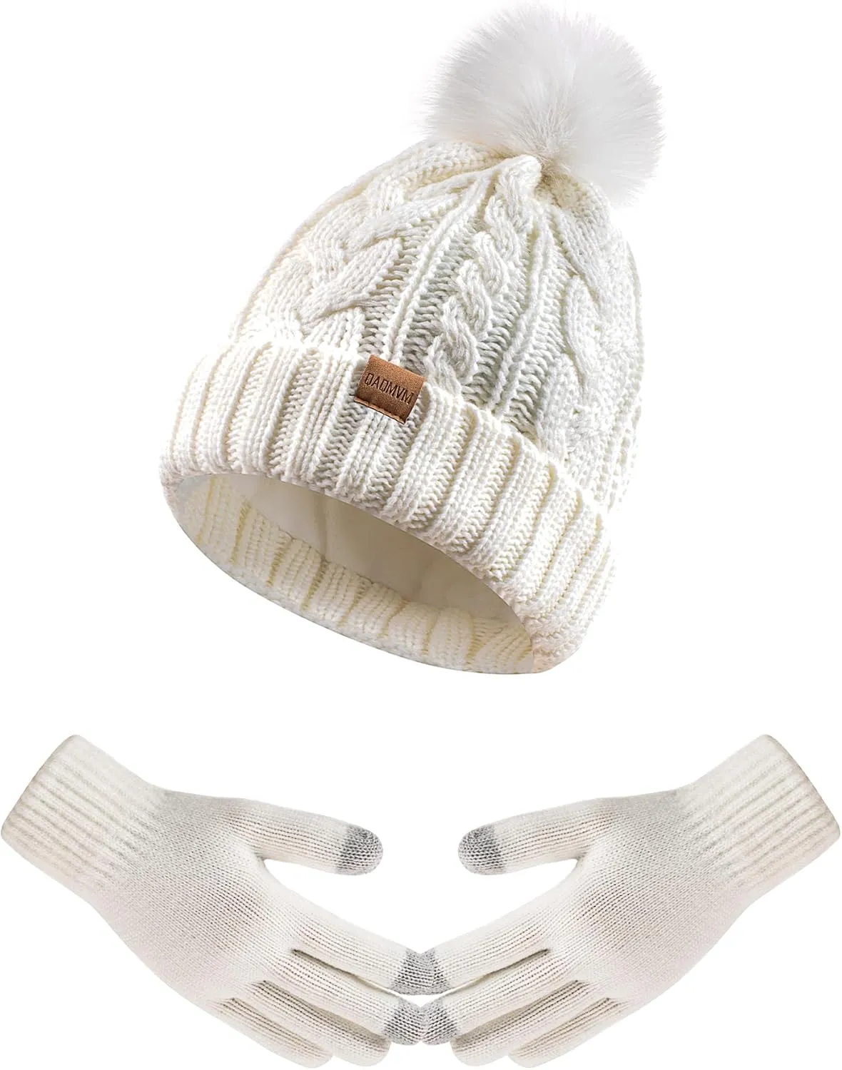 Winter Beanie Hat Gloves Set for Women, Pom Pom Fleece Lined Hat Knit Touchscreen Gloves