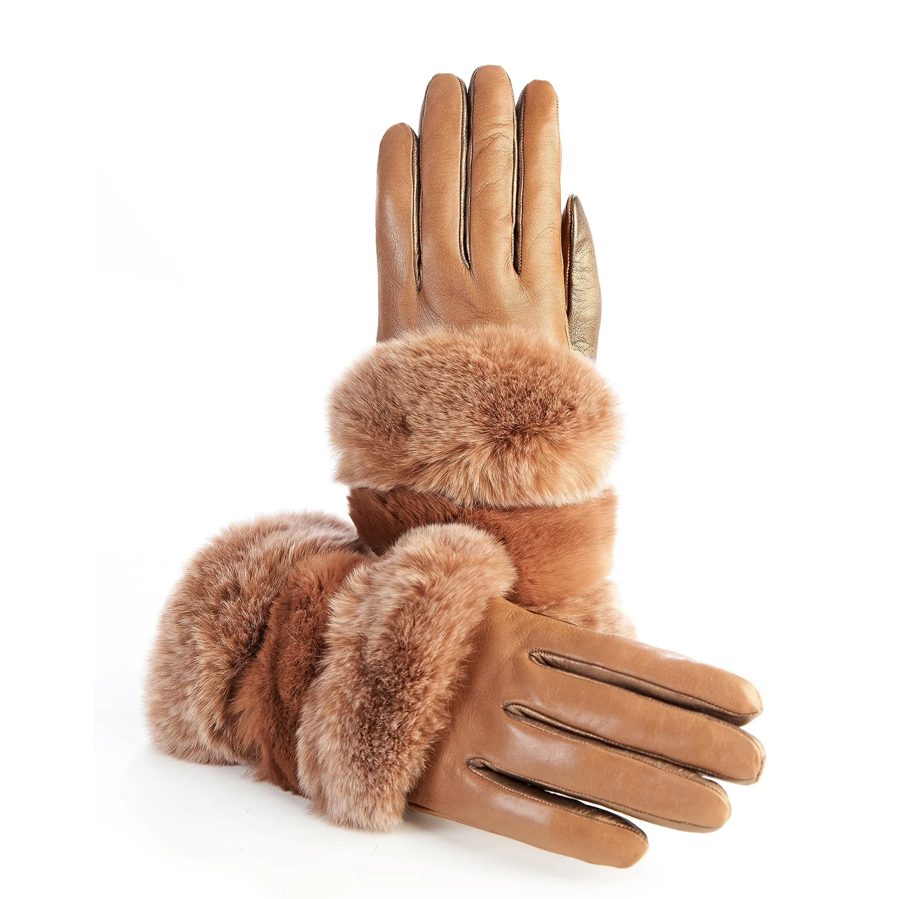 Women's cognac and bronze nappa leather gloves with natural fur